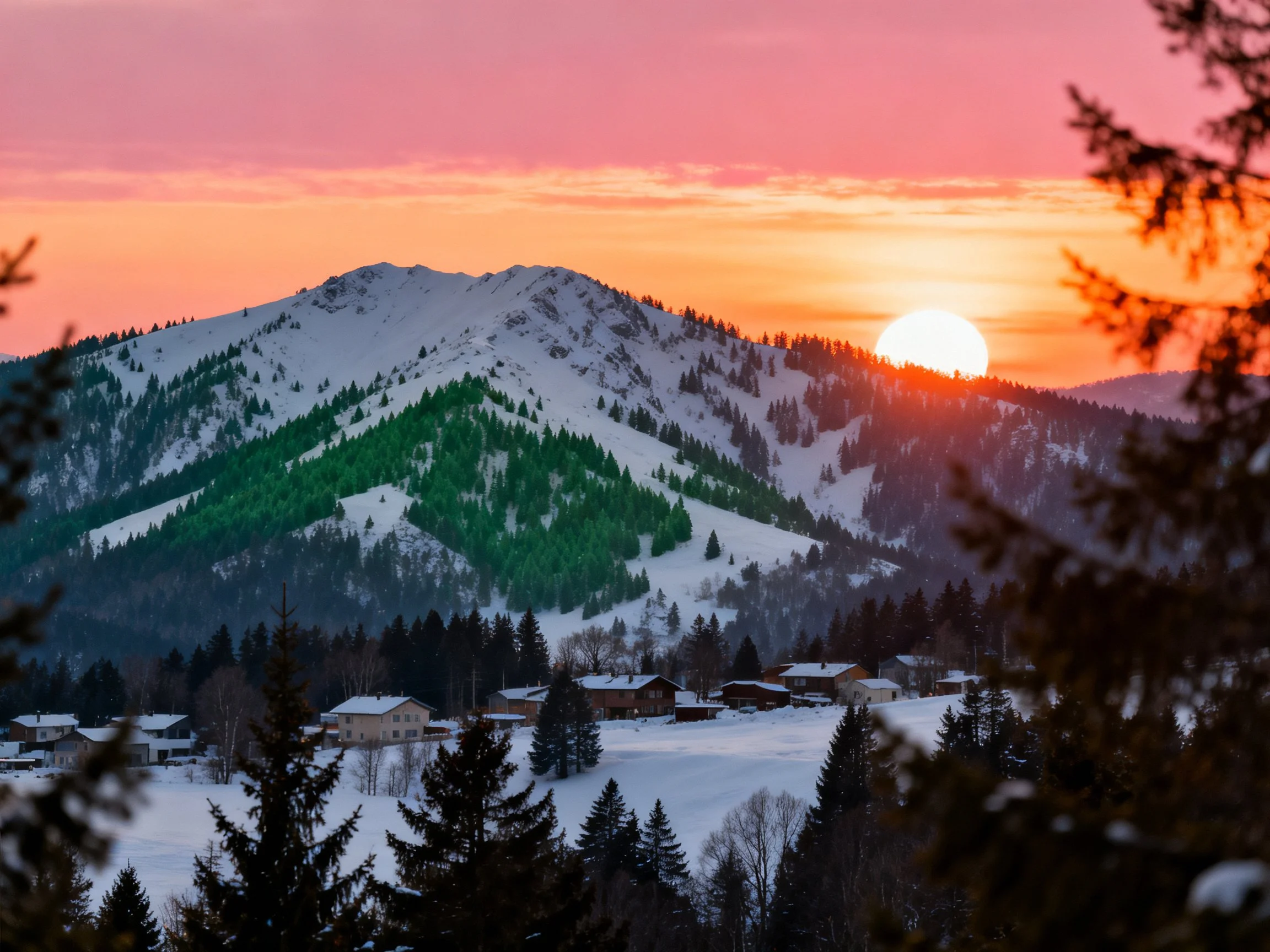 Snow-Capped Mountain Range With Forested Slopes and Vibrant Sunset Sky