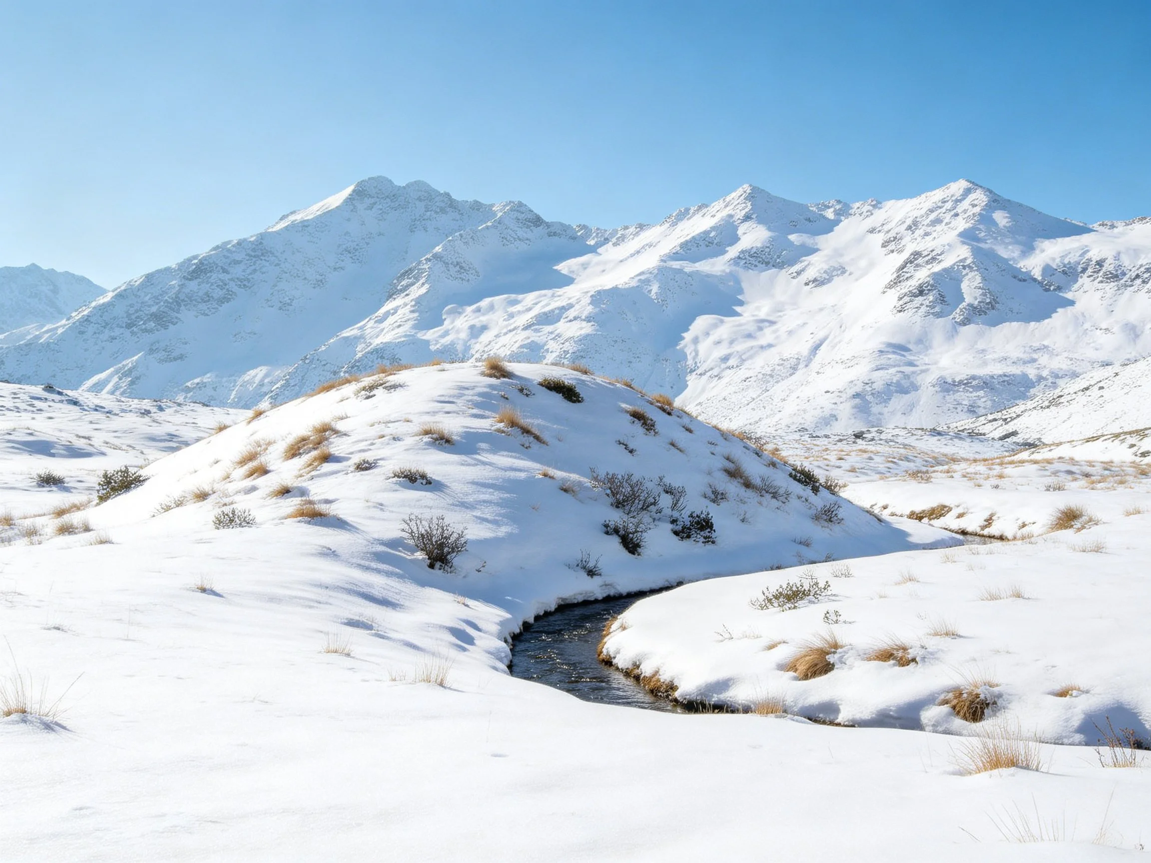 Snow-Capped Mountain Range with a Snowy Stream and Clear Blue Sky