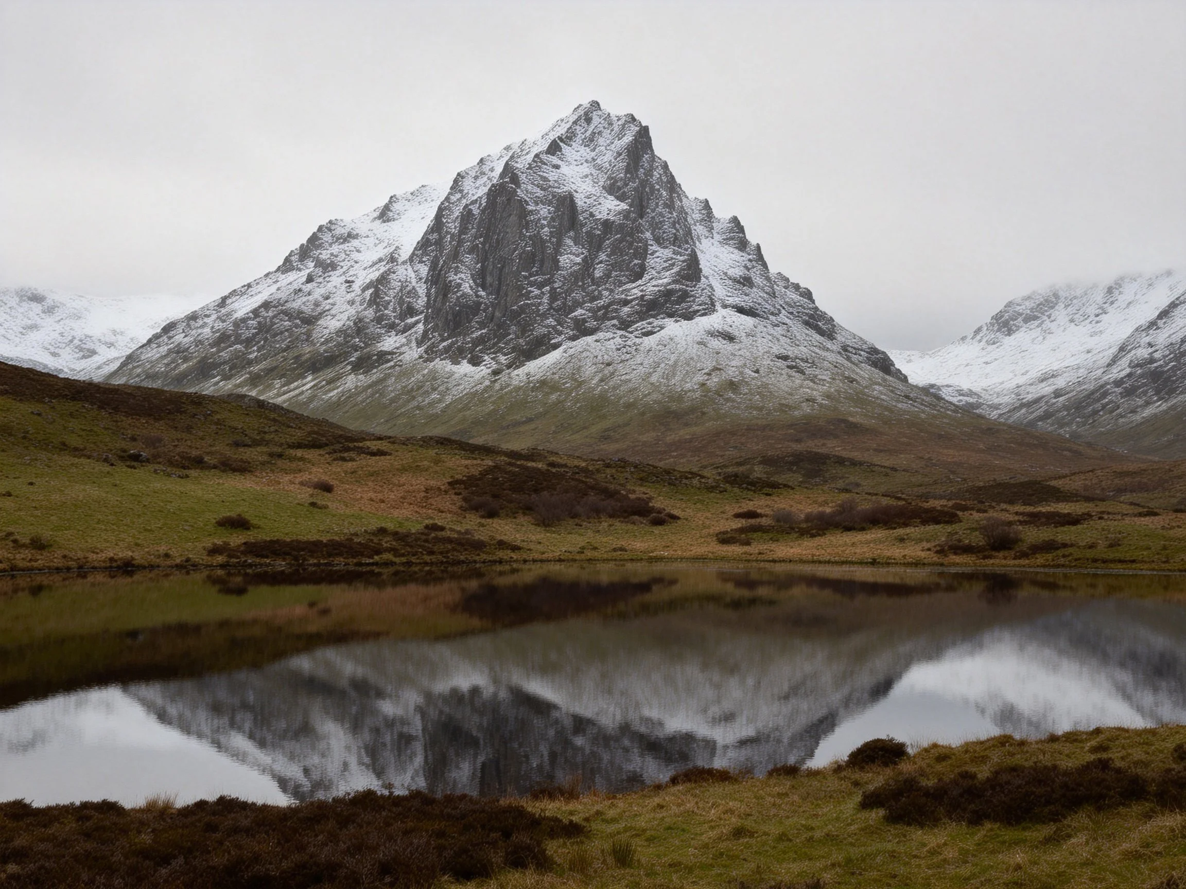 Snow-Capped Mountain Reflects in Calm Lake Under Overcast Sky