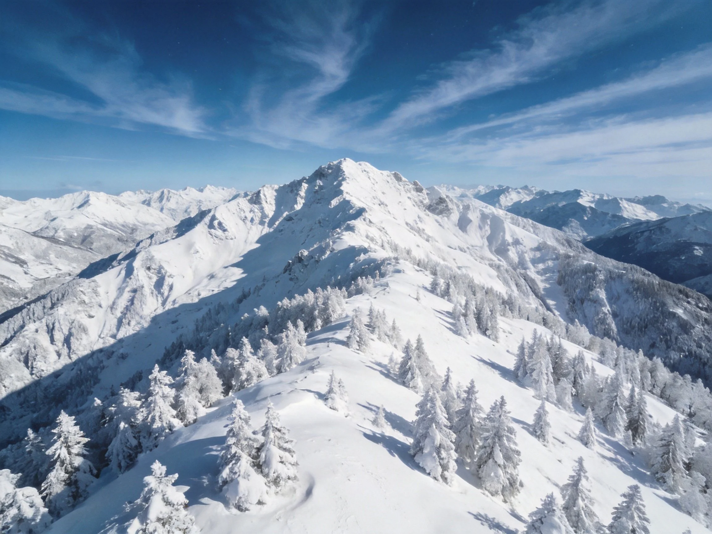 Snow-Capped Mountain Ridge with Frosty Evergreens