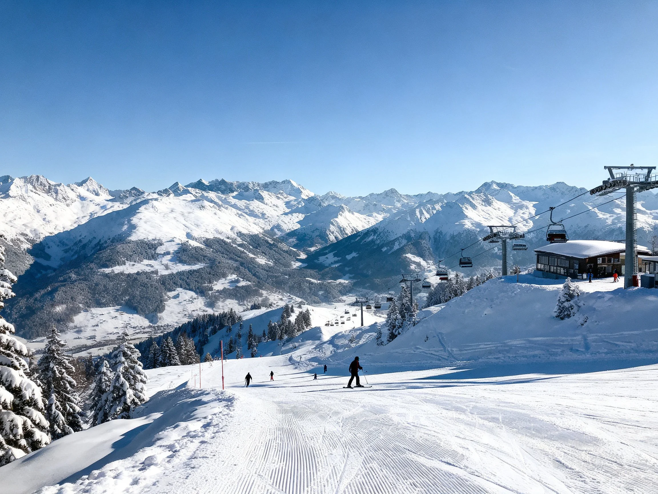 Snow-Capped Mountain Slopes with Ski Lifts and Skiers