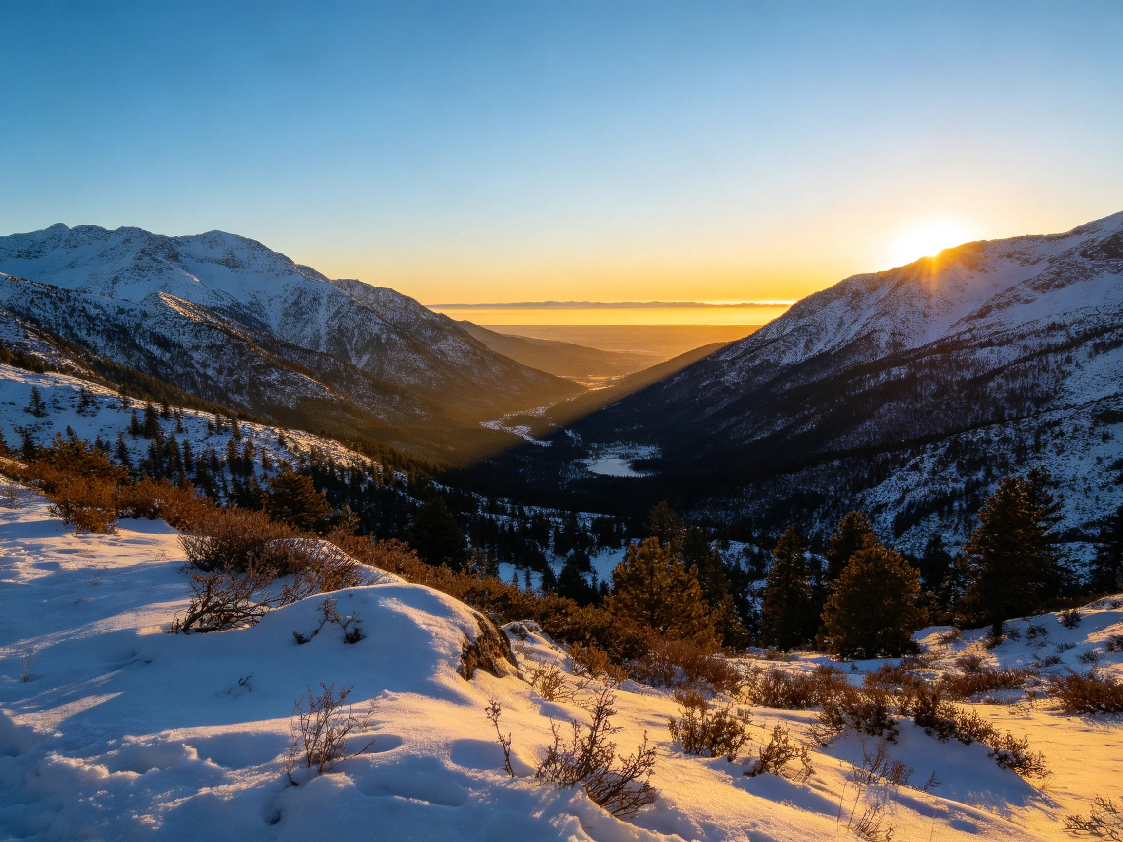 Snow-Capped Mountain Valley at Golden Sunset
