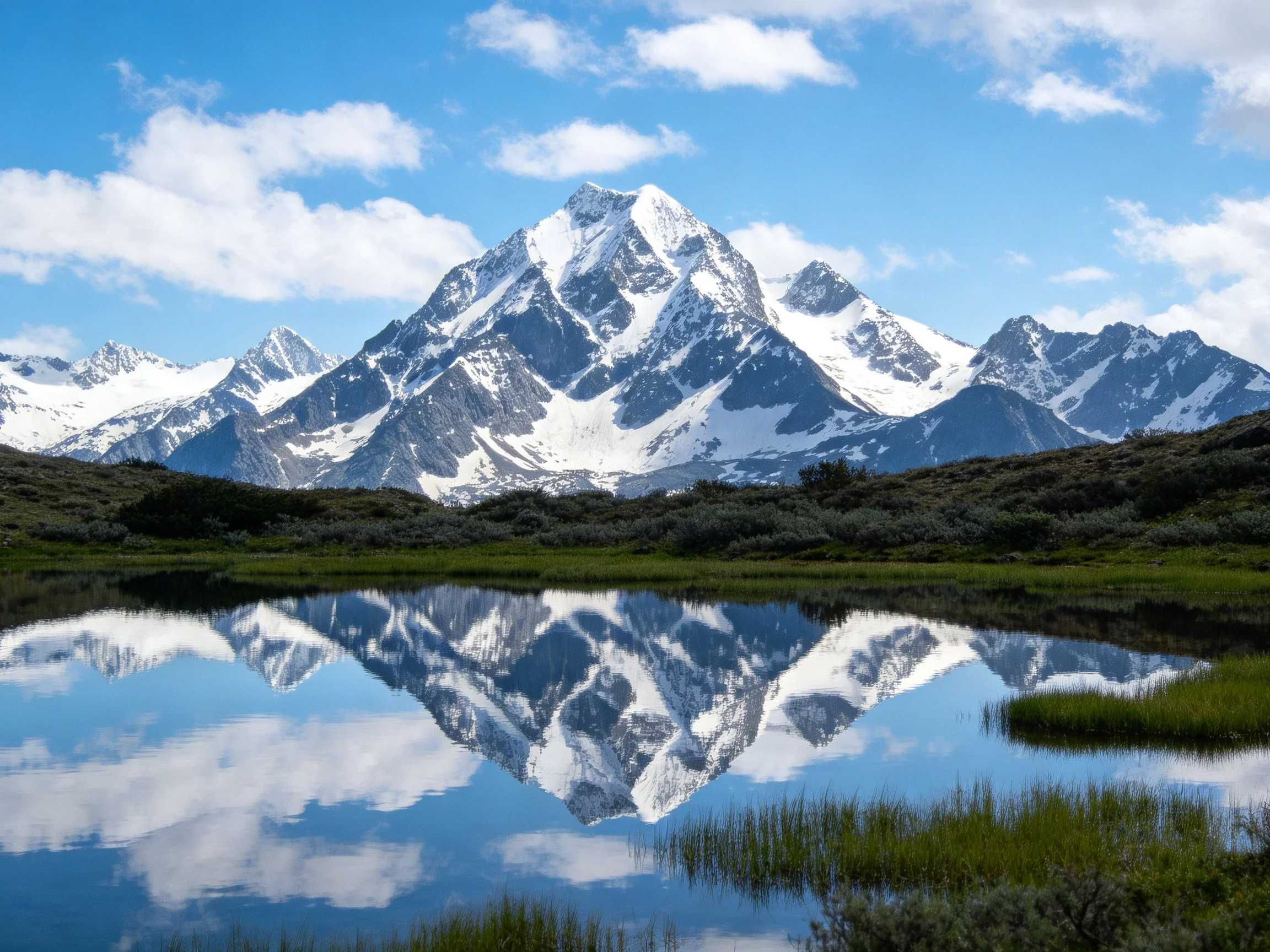 Snow-Capped Mountains Reflecting in a Lake Under Blue Sky