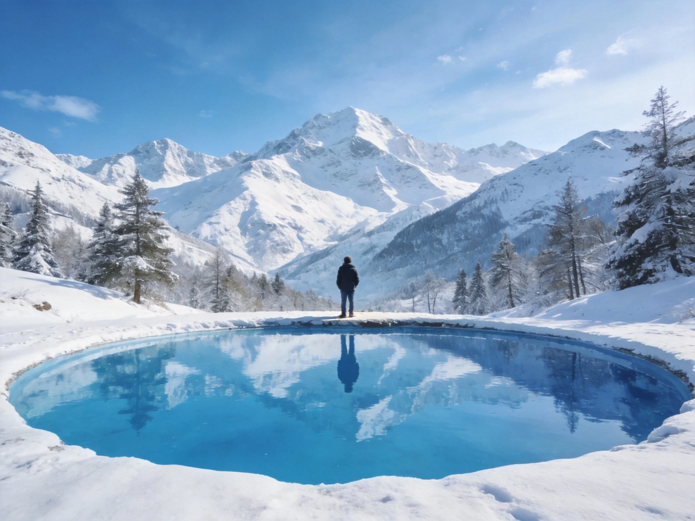 Snow-Capped Peaks, Blue Pool, and a Lone Figure