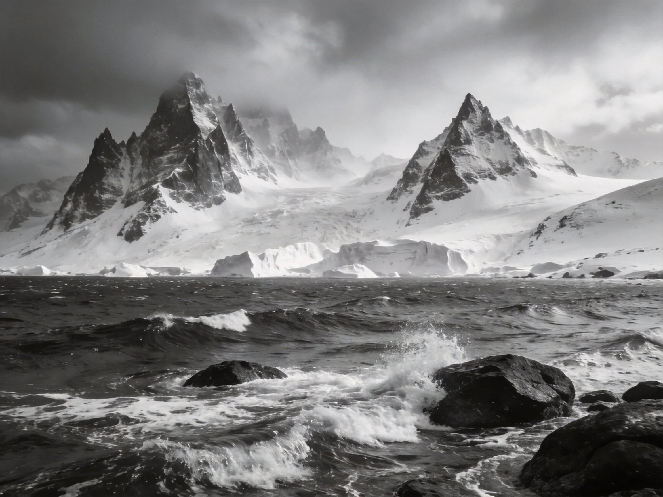Snow-Capped Peaks Over Turbulent Antarctic Waters