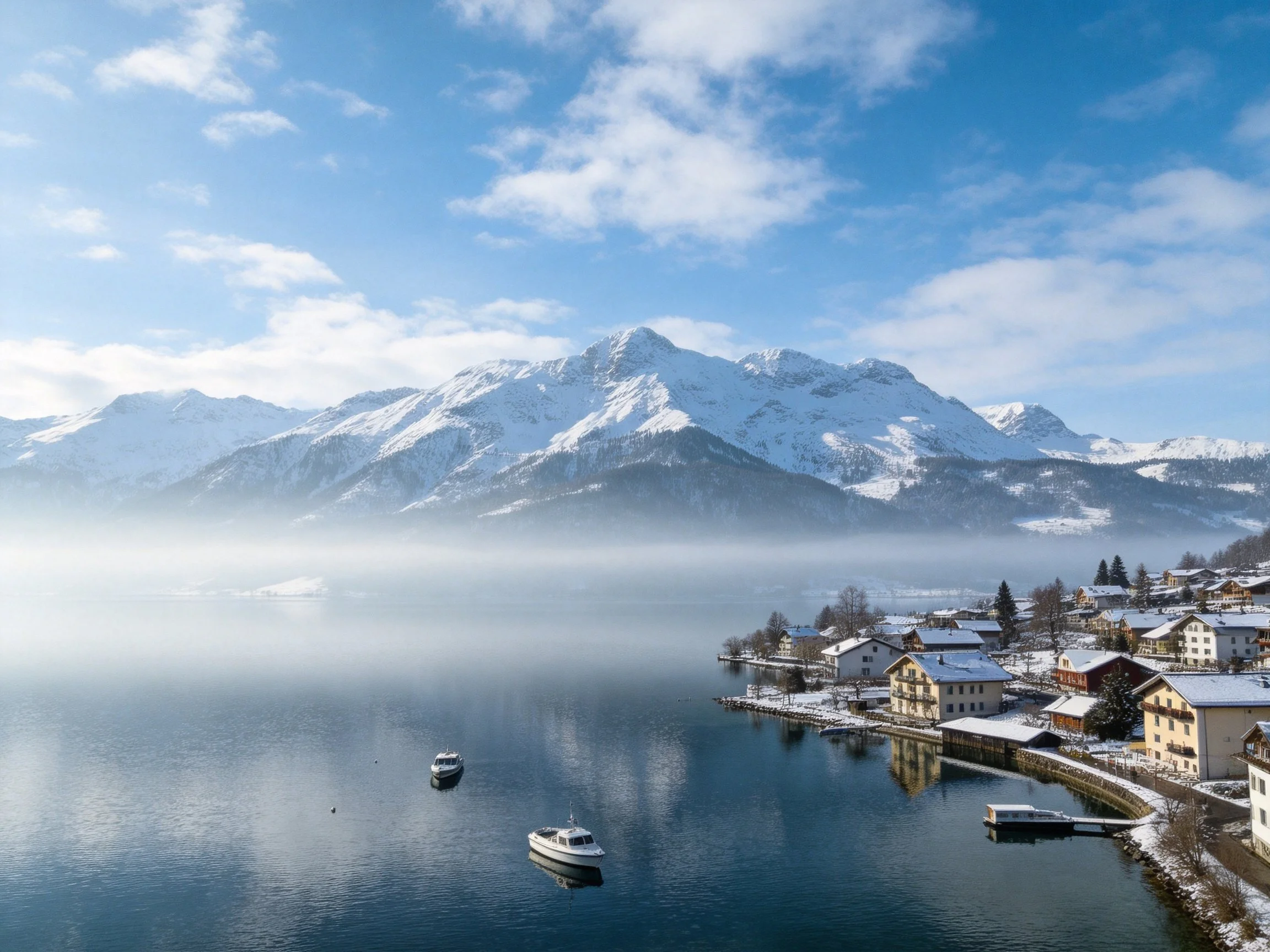Snow-Capped Peaks Overlooking a Foggy Lake Village