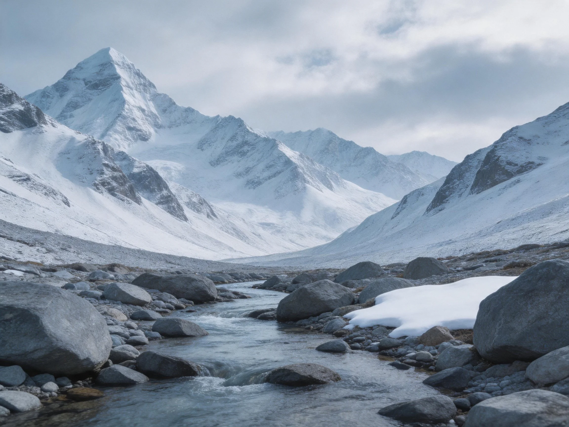 Snow-Capped Peaks Overlooking a Rocky Stream Valley