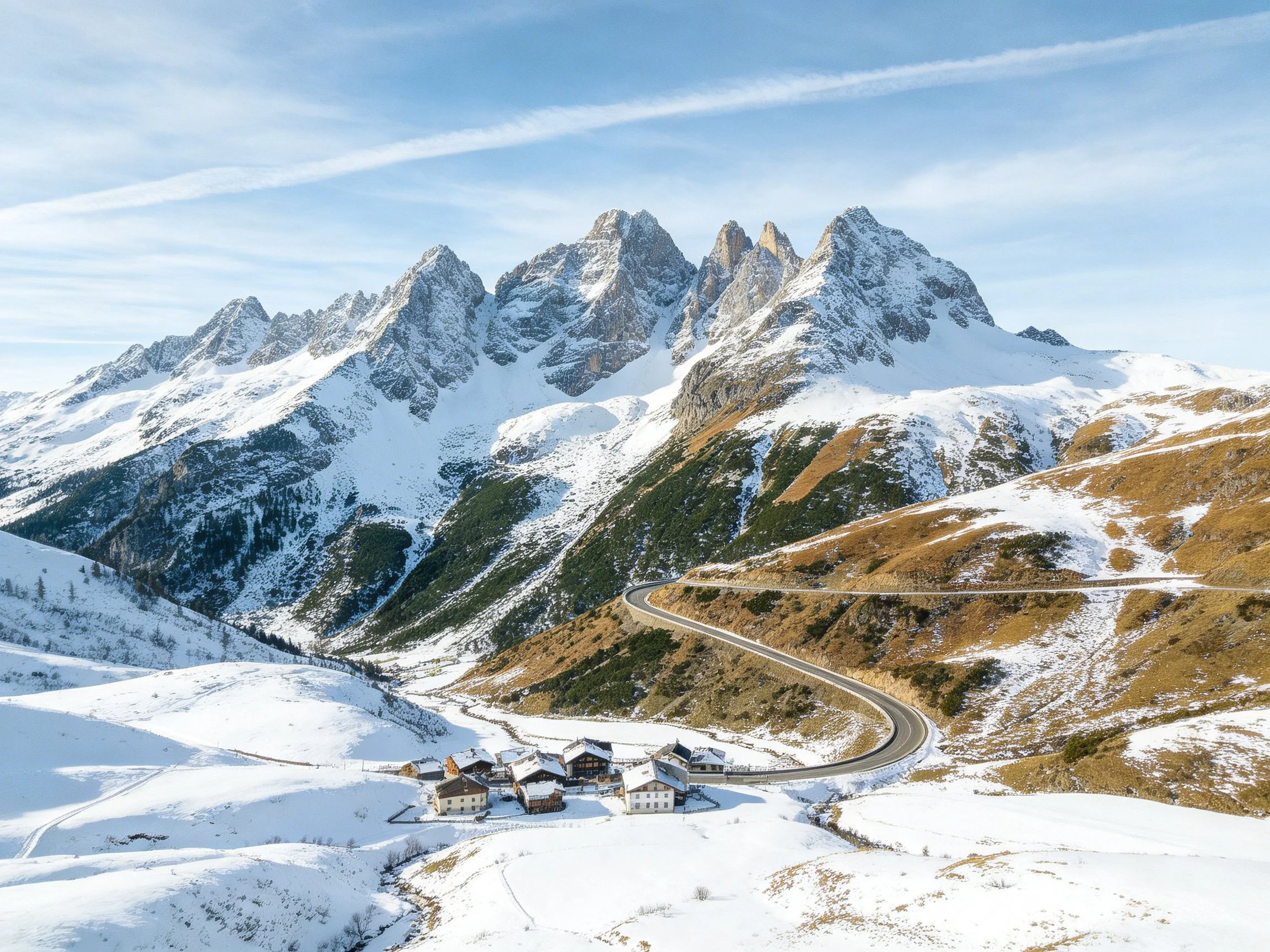 Snow-Capped Peaks Surround a Winding Mountain Road and Village