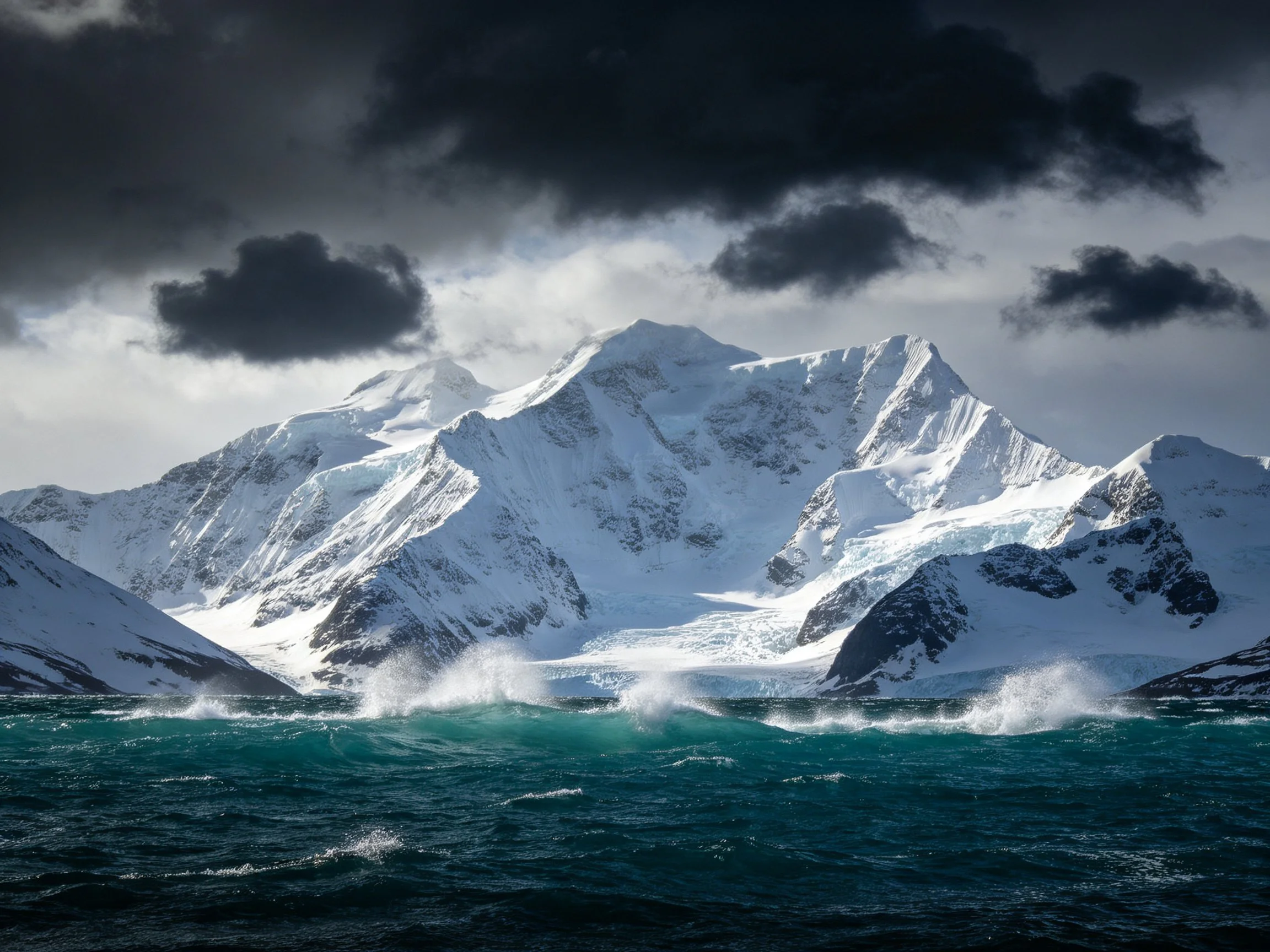 Snow-Capped Peaks Tower Over Turquoise Waters With Dark Storm Clouds