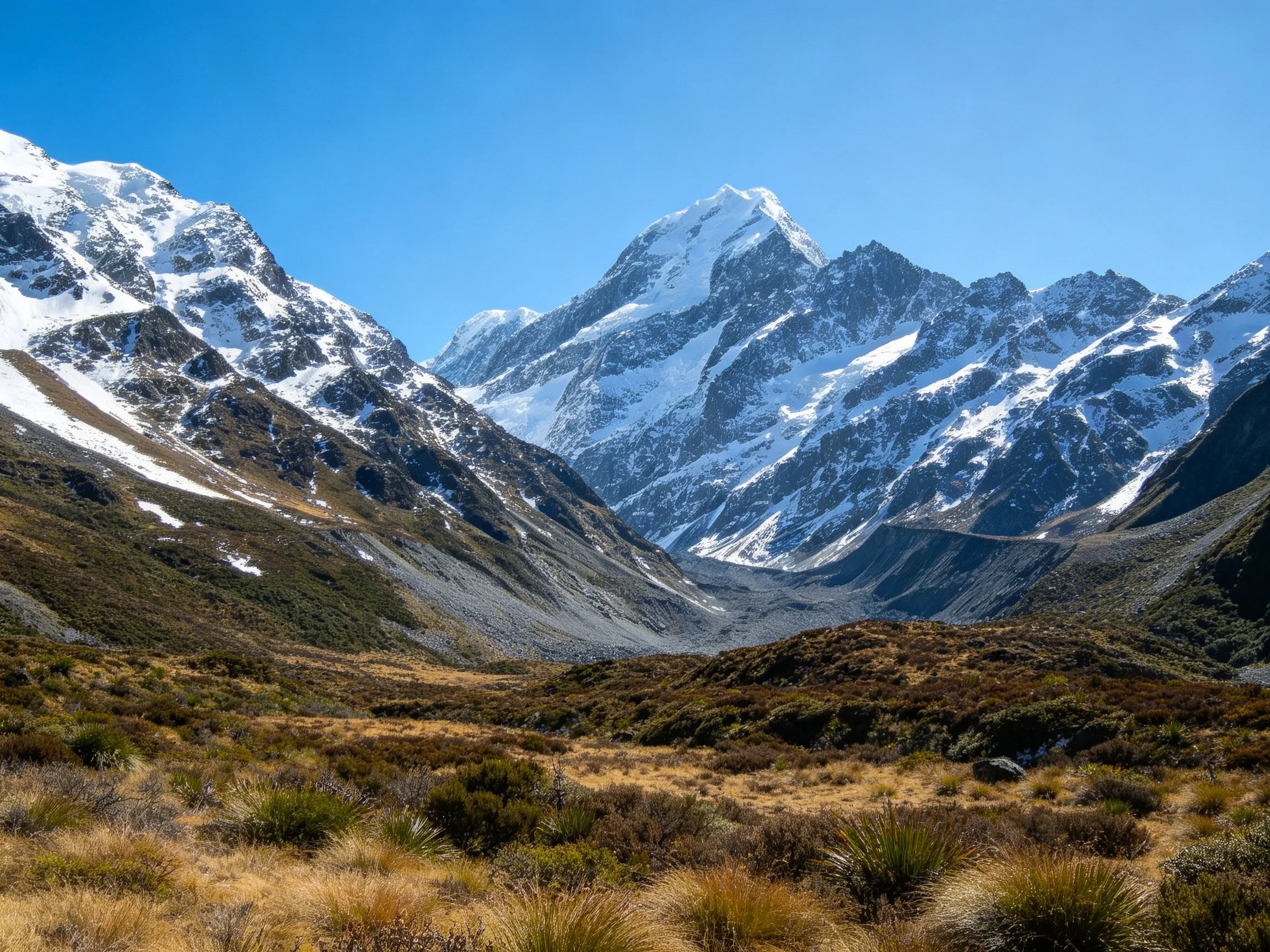 Snow-Capped Peaks Tower Over a Valley with Diverse Terrain Under Bright Blue Sky