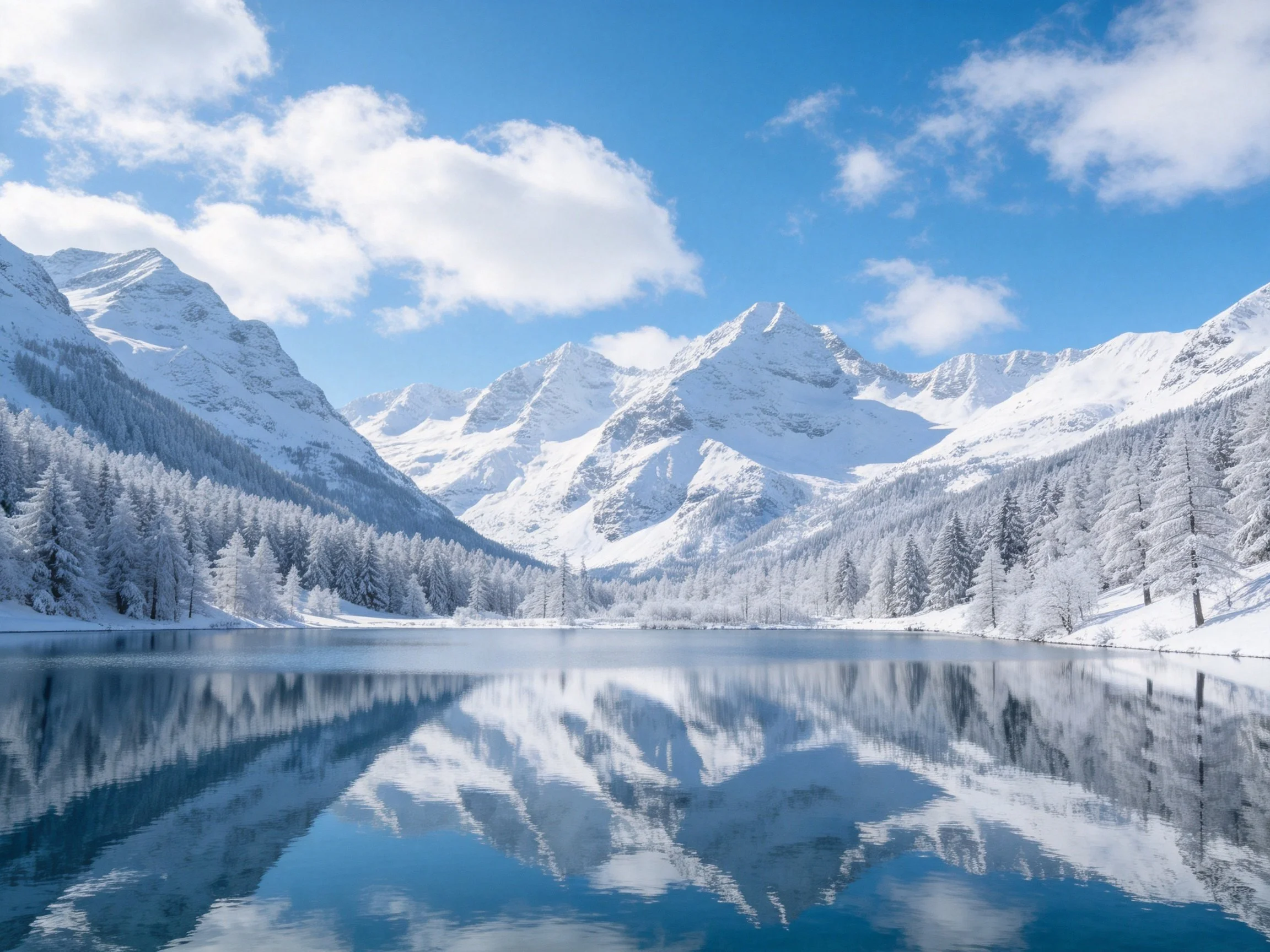 Snow-Capped Peaks and Frosty Forest Reflect in Crystal Clear Lake
