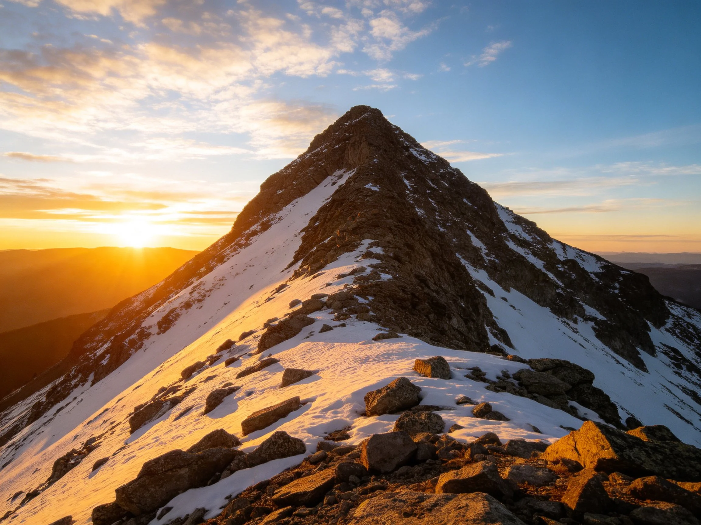 Snow-Capped Rocky Summit at Golden Sunset