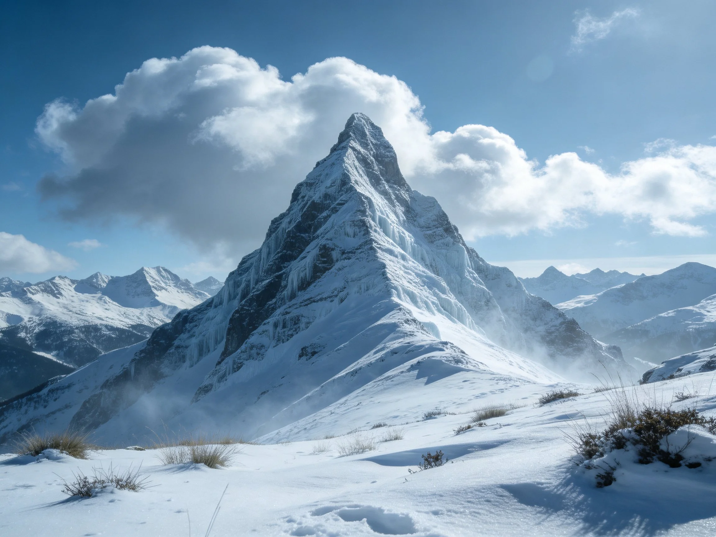 Snow-Capped Sharp Mountain Peak Amidst Clear Blue Skies