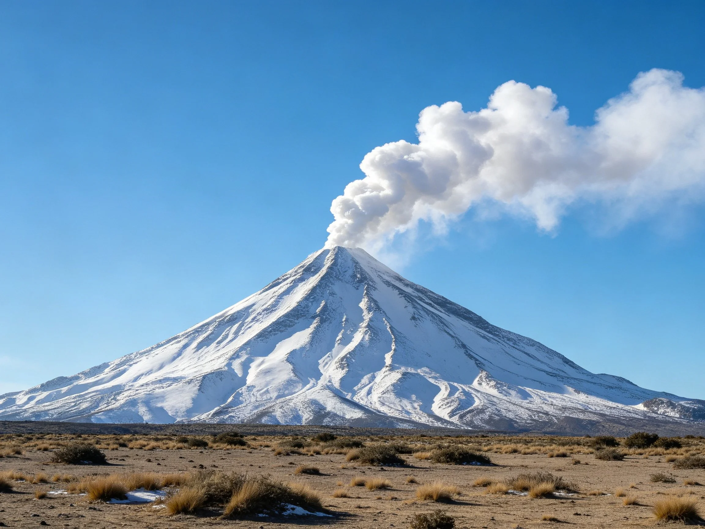 Snow-Capped Volcano Erupting with Thick White Smoke