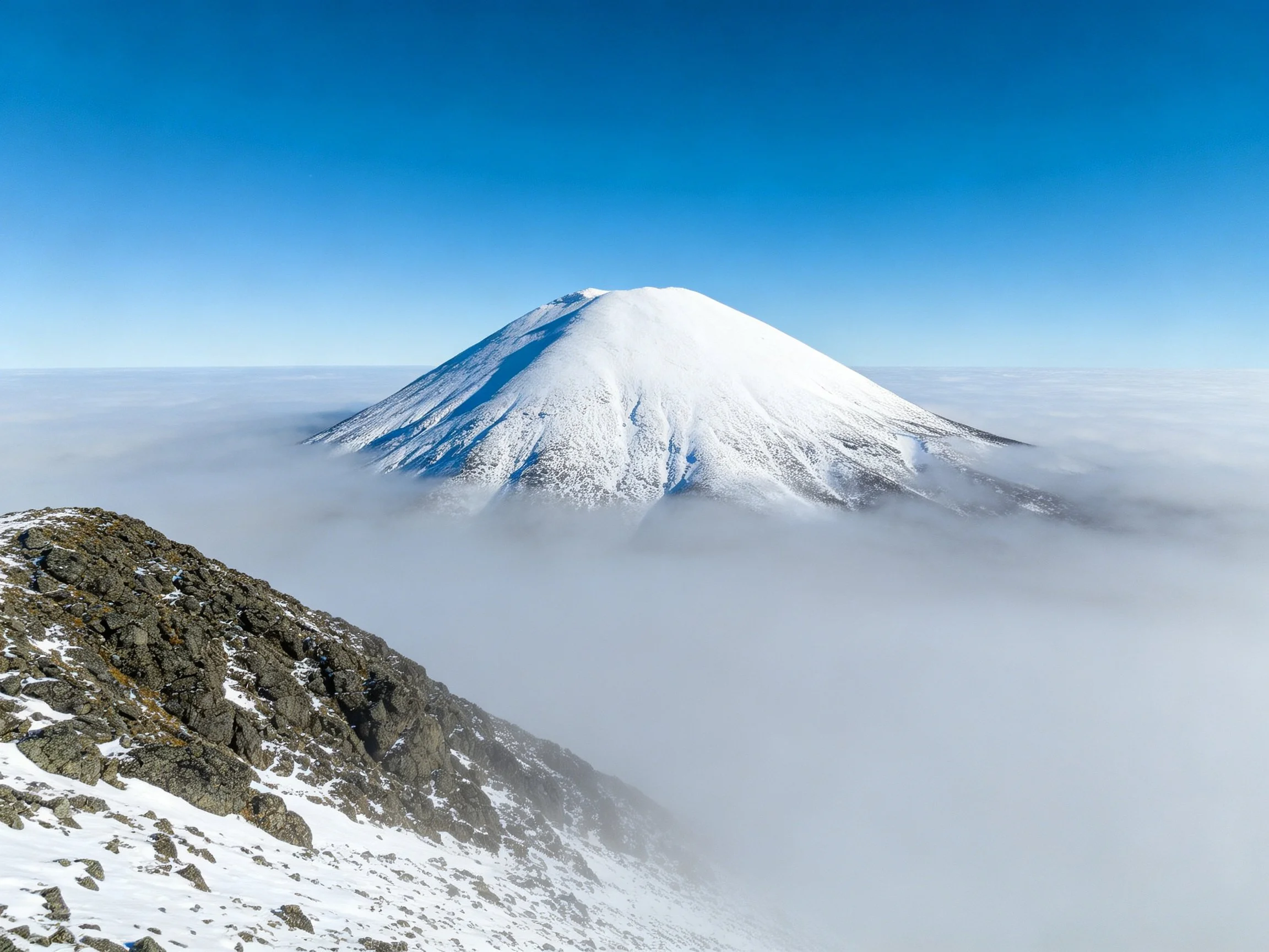 Snow-Capped Volcano Rising Above Cloud Sea