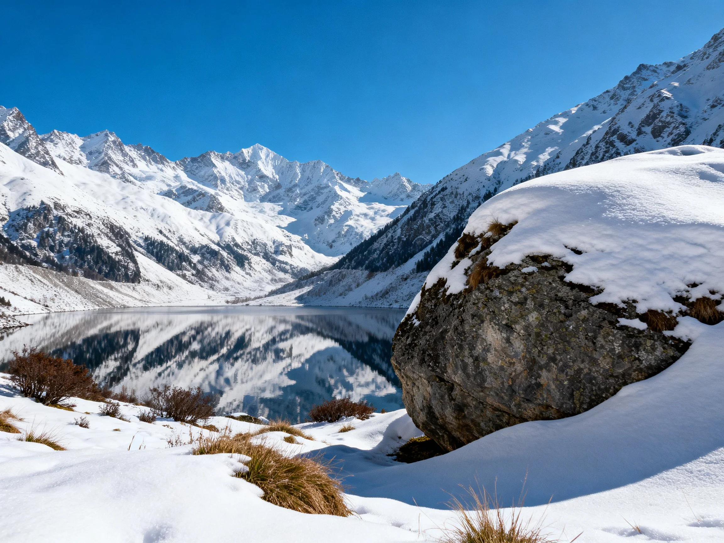 Snow-Covered Alpine Landscape with Reflective Lake