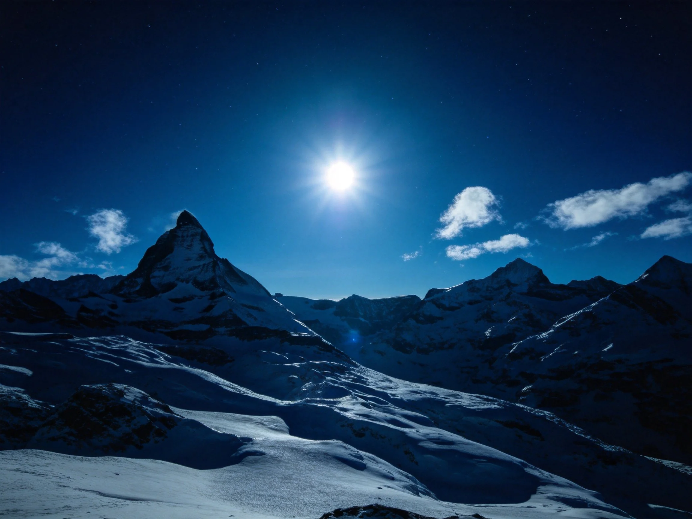 Snow-Covered Alpine Peaks Illuminated by a Bright Celestial Body