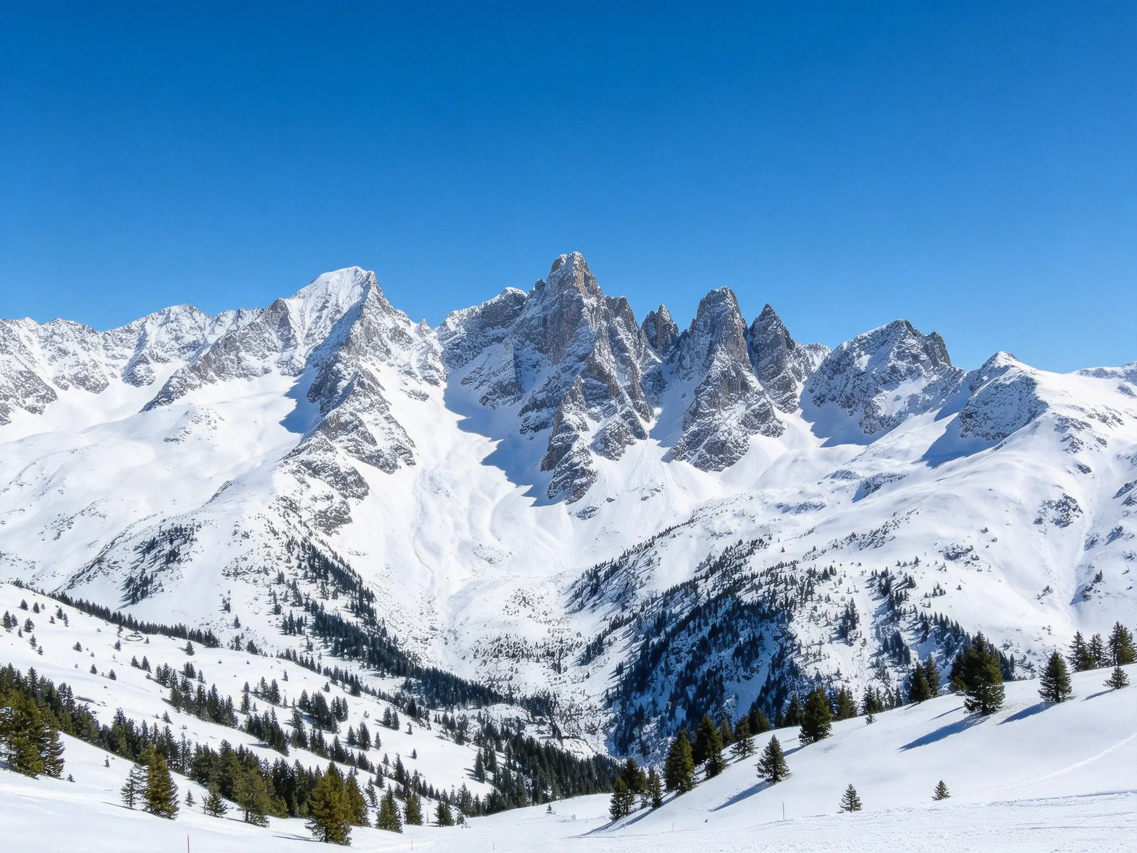 Snow-Covered Alpine Peaks Under Clear Blue Sky