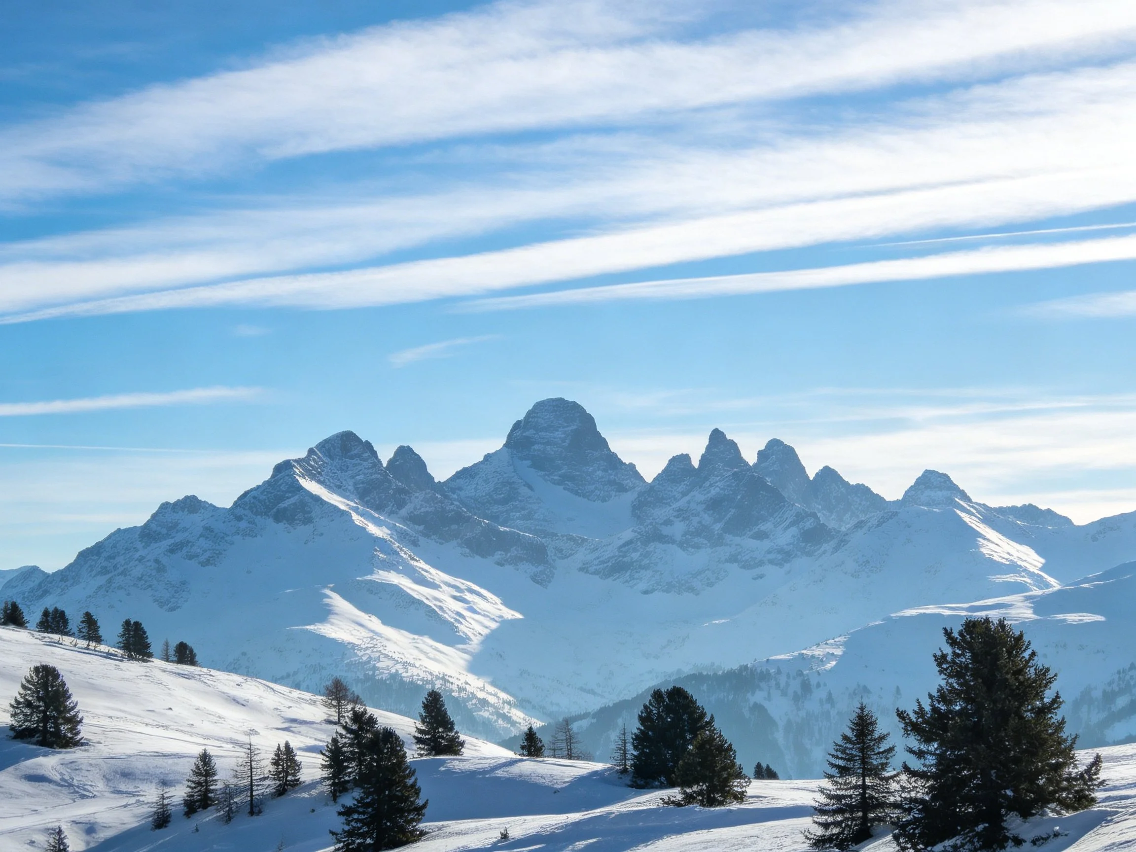 Snow-Covered Alpine Peaks with Evergreen Trees and Bright Blue Sky