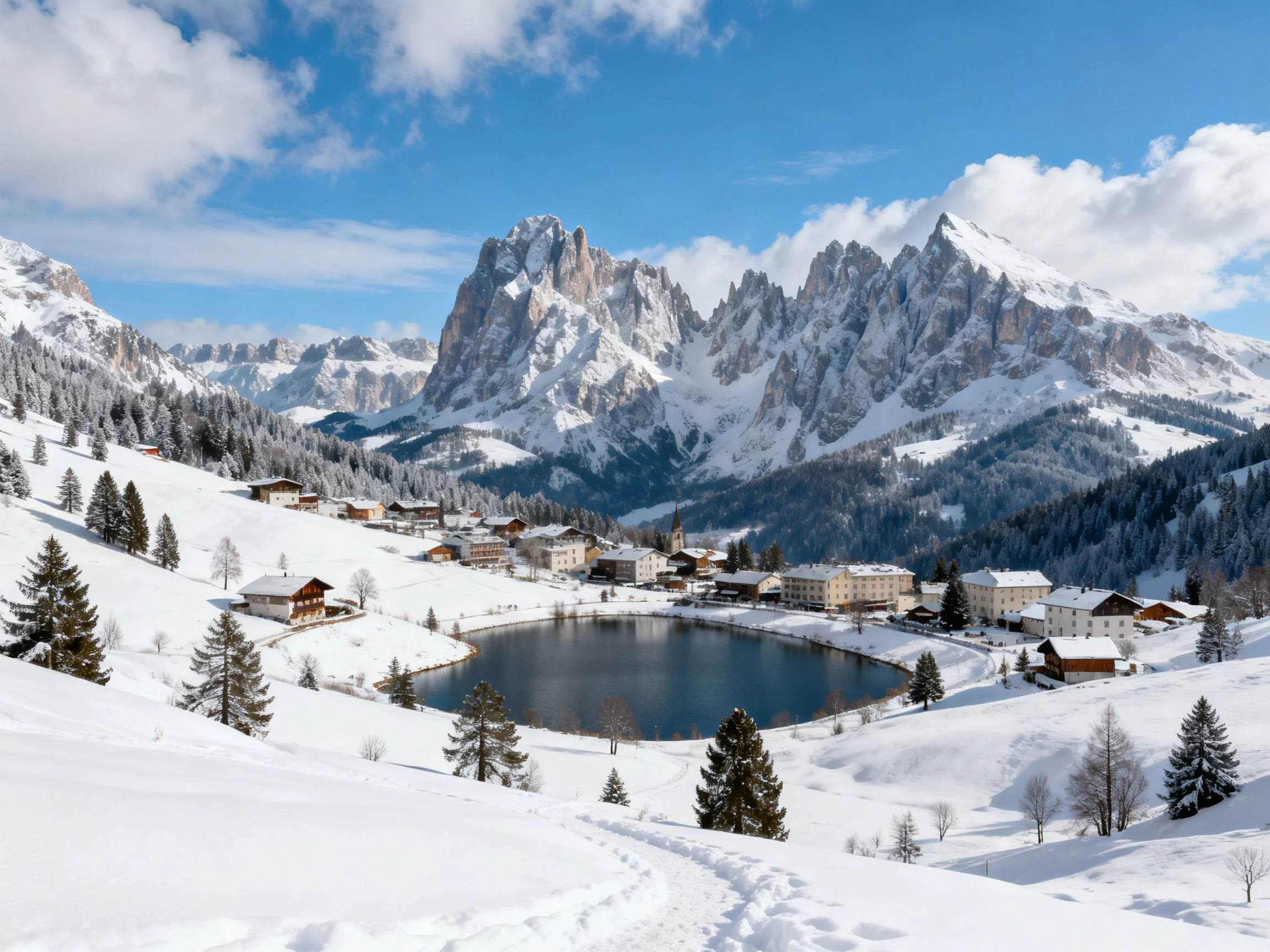 Snow-Covered Alpine Village Near Circular Lake With Towering Peaks
