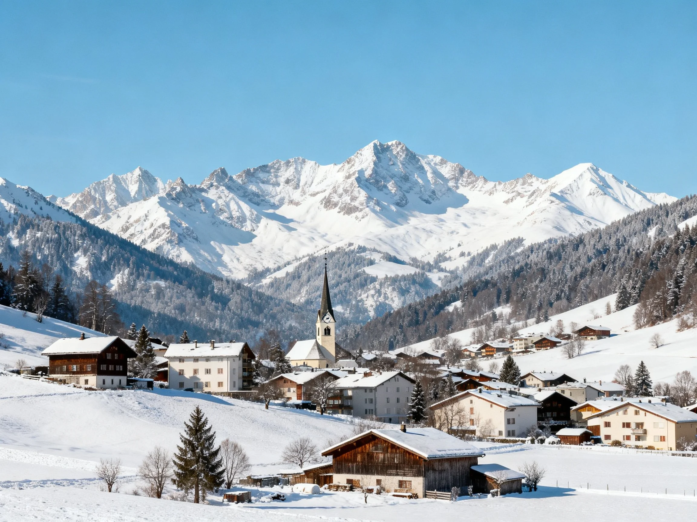 Snow-Covered Alpine Village with Church Tower and Mountain Peaks