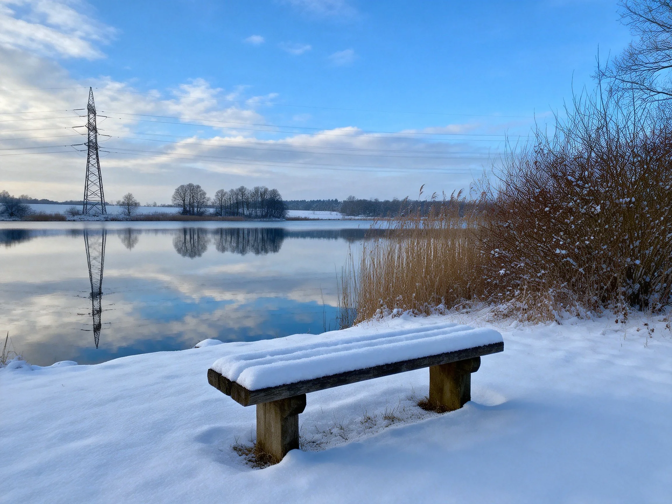 Snow-Covered Bench by a Reflective Lake with Power Tower
