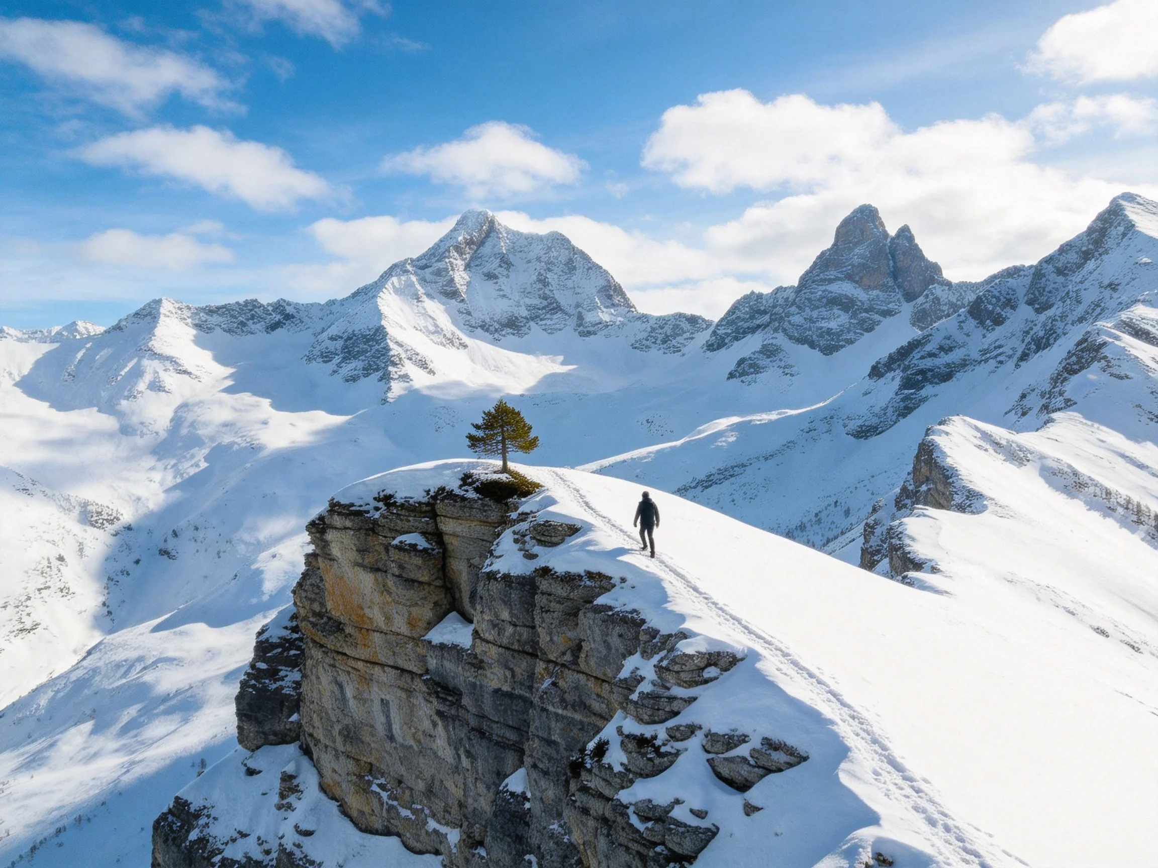 Snow-Covered Cliff Ridge with Hiker and Solitary Tree