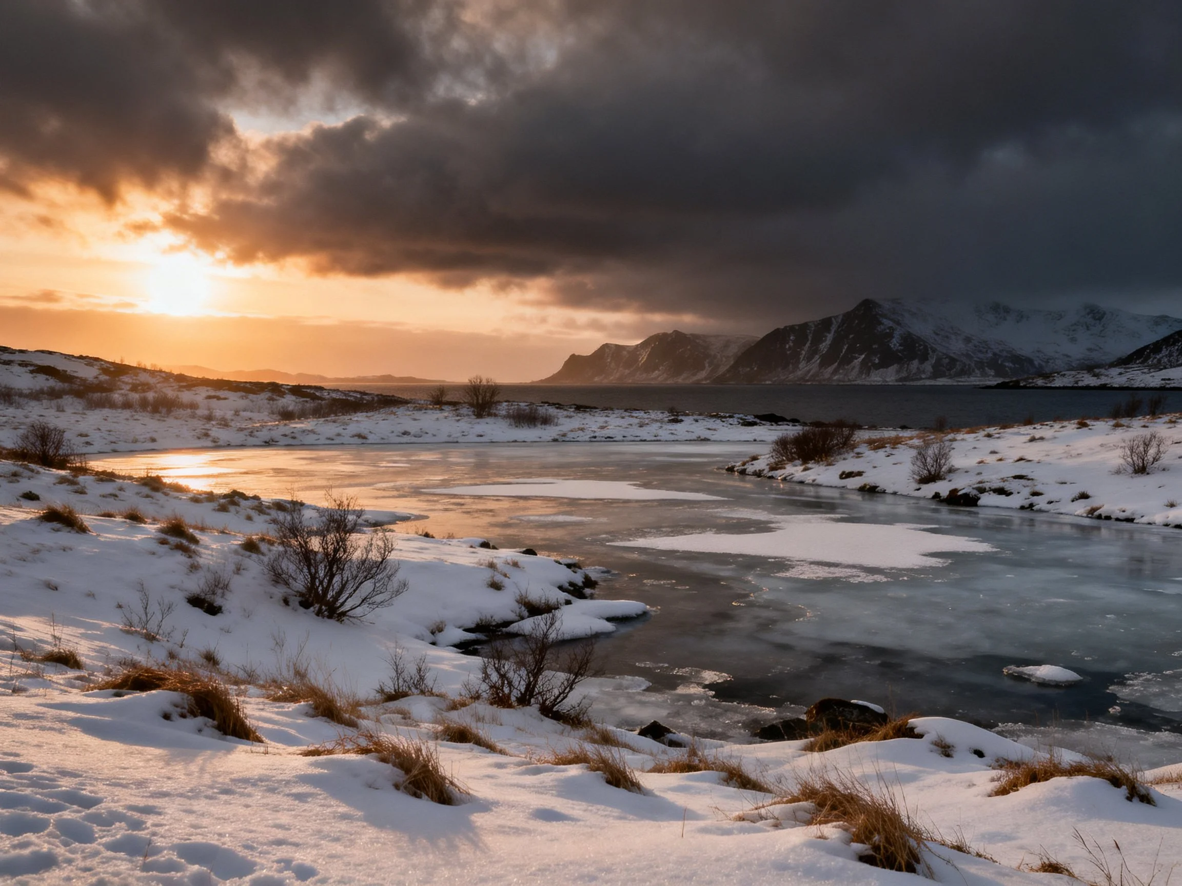 Snow-Covered Coastal Winter Scene with Frozen Waterway