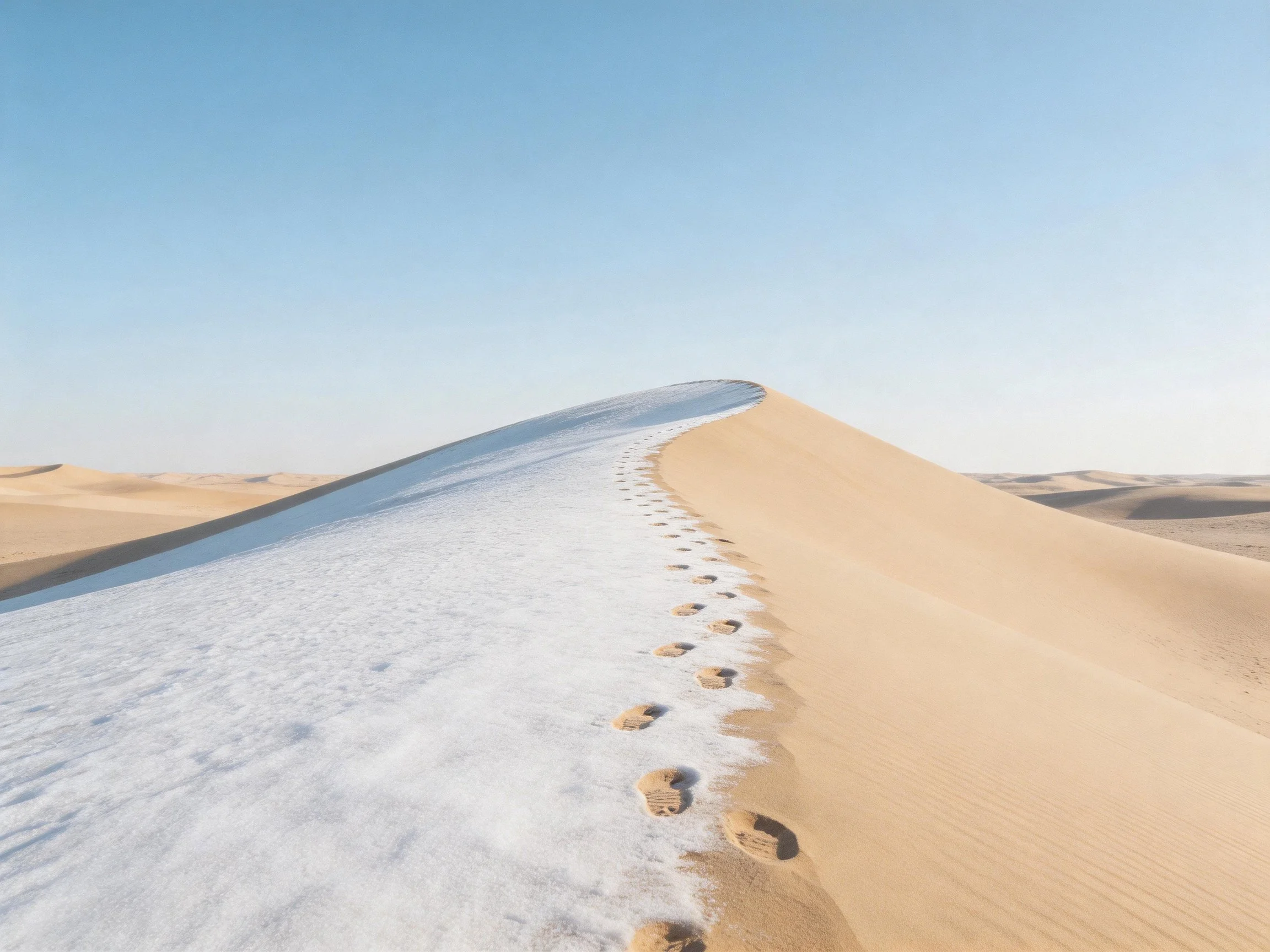 Snow-Covered Desert Dune With FootprintPath Under Bright Blue Sky