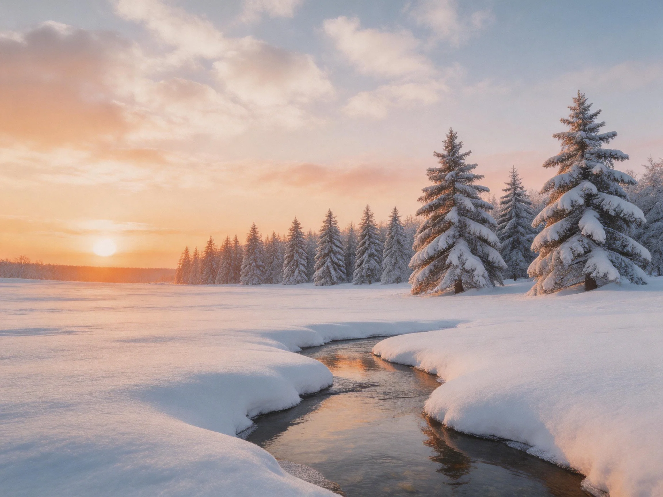 Snow-Covered Evergreen Forest Near Frozen Stream at Sunset