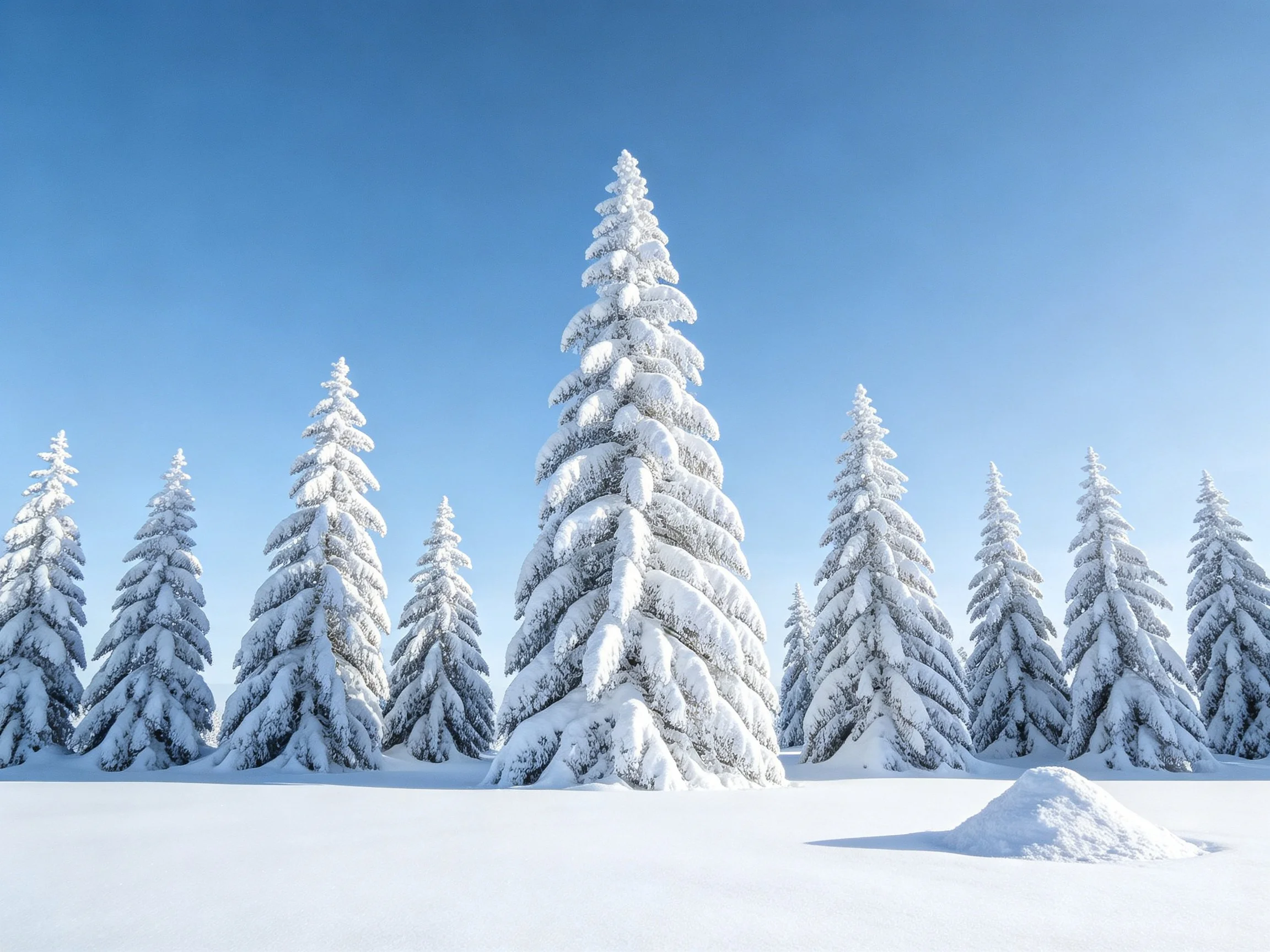 Snow-Covered Evergreen Forest Under Clear Blue Sky