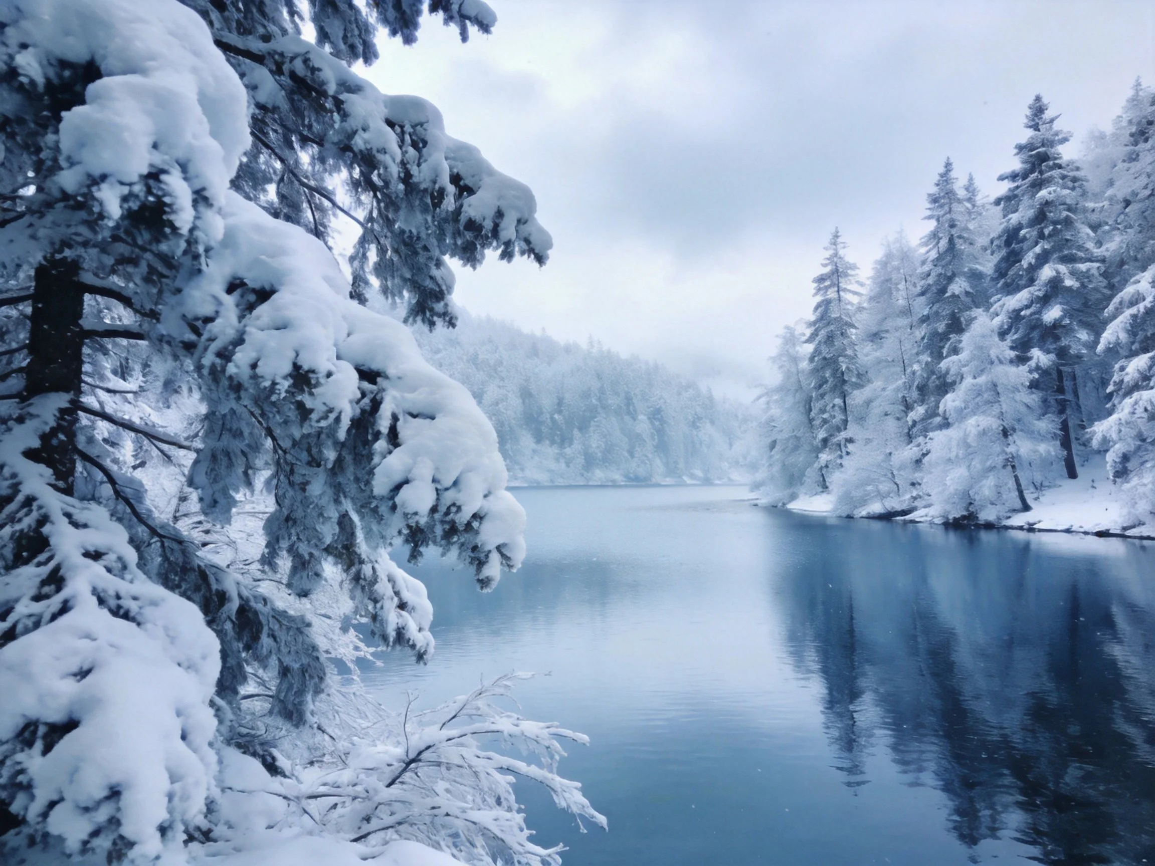 Snow-Covered Evergreen Trees Frame a Calm Lake