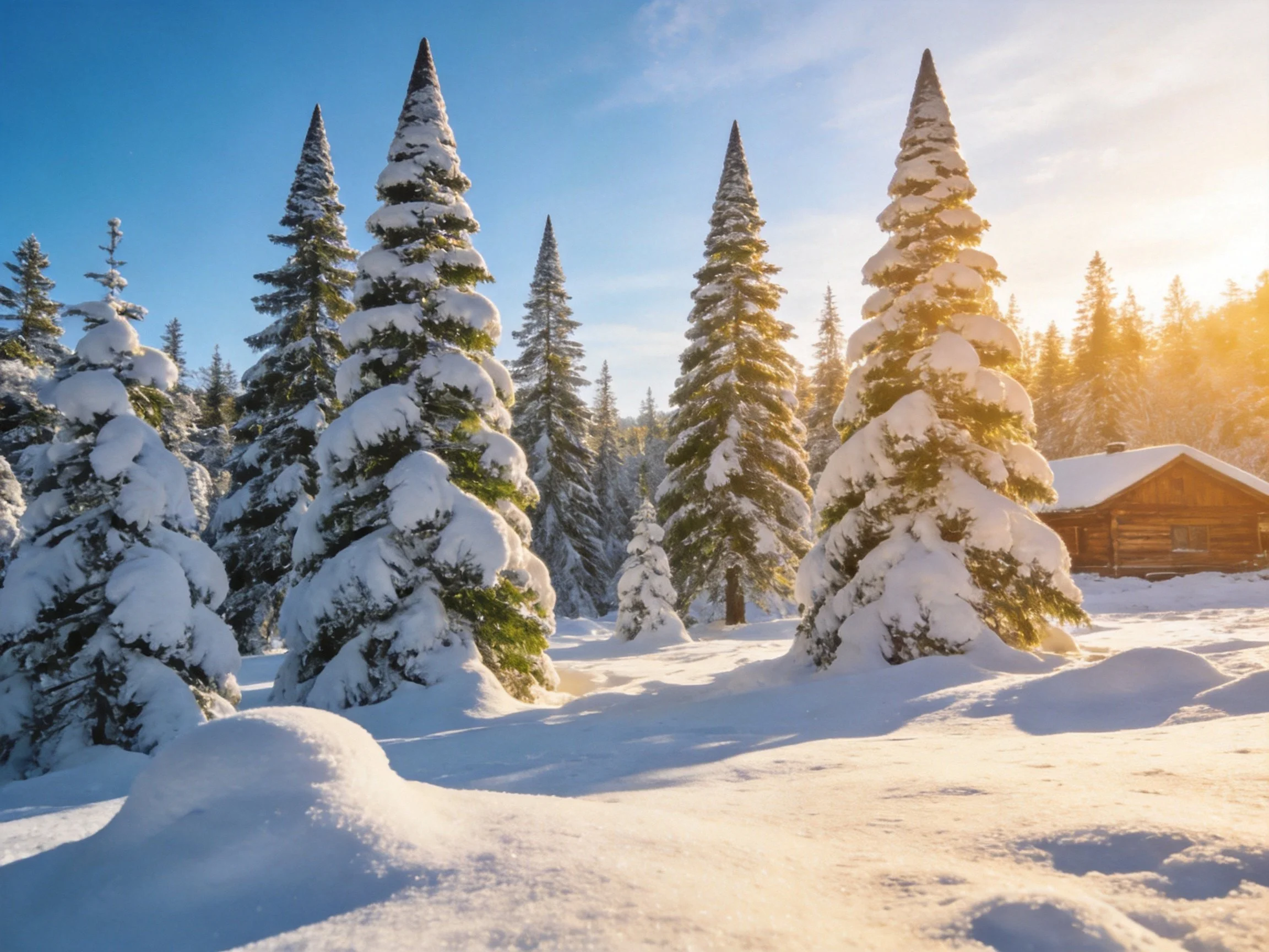 Snow-Covered Evergreen Trees Near a Wooden Cabin Under Sunny Skies