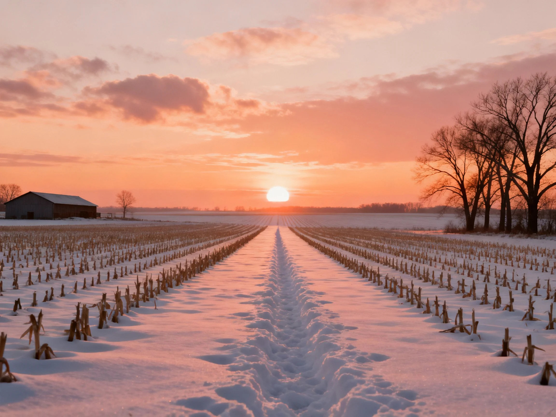 Snow-Covered Farm Field at Sunset with Barn and Trees