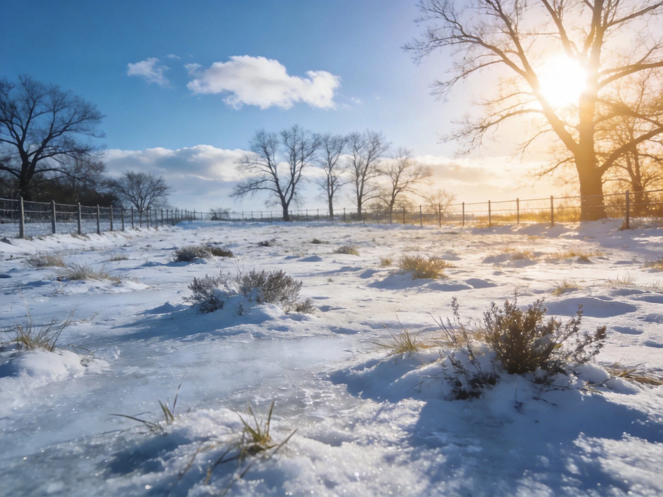 Snow-Covered Field with Bare Trees and Golden Sunlight