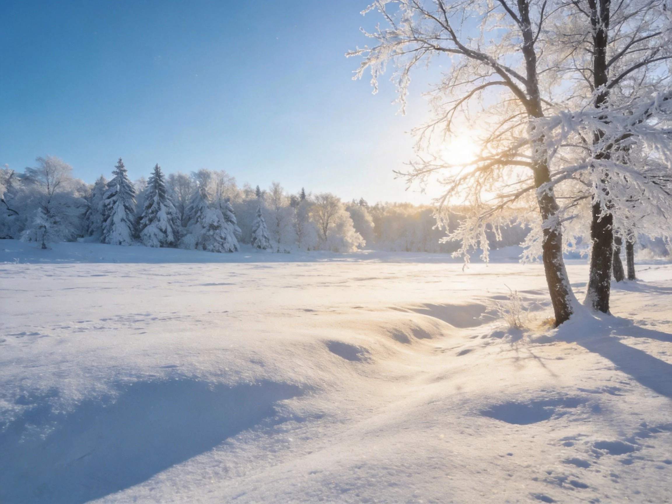 Snow-Covered Field with Frost-Laden Trees Under Clear Blue Sky