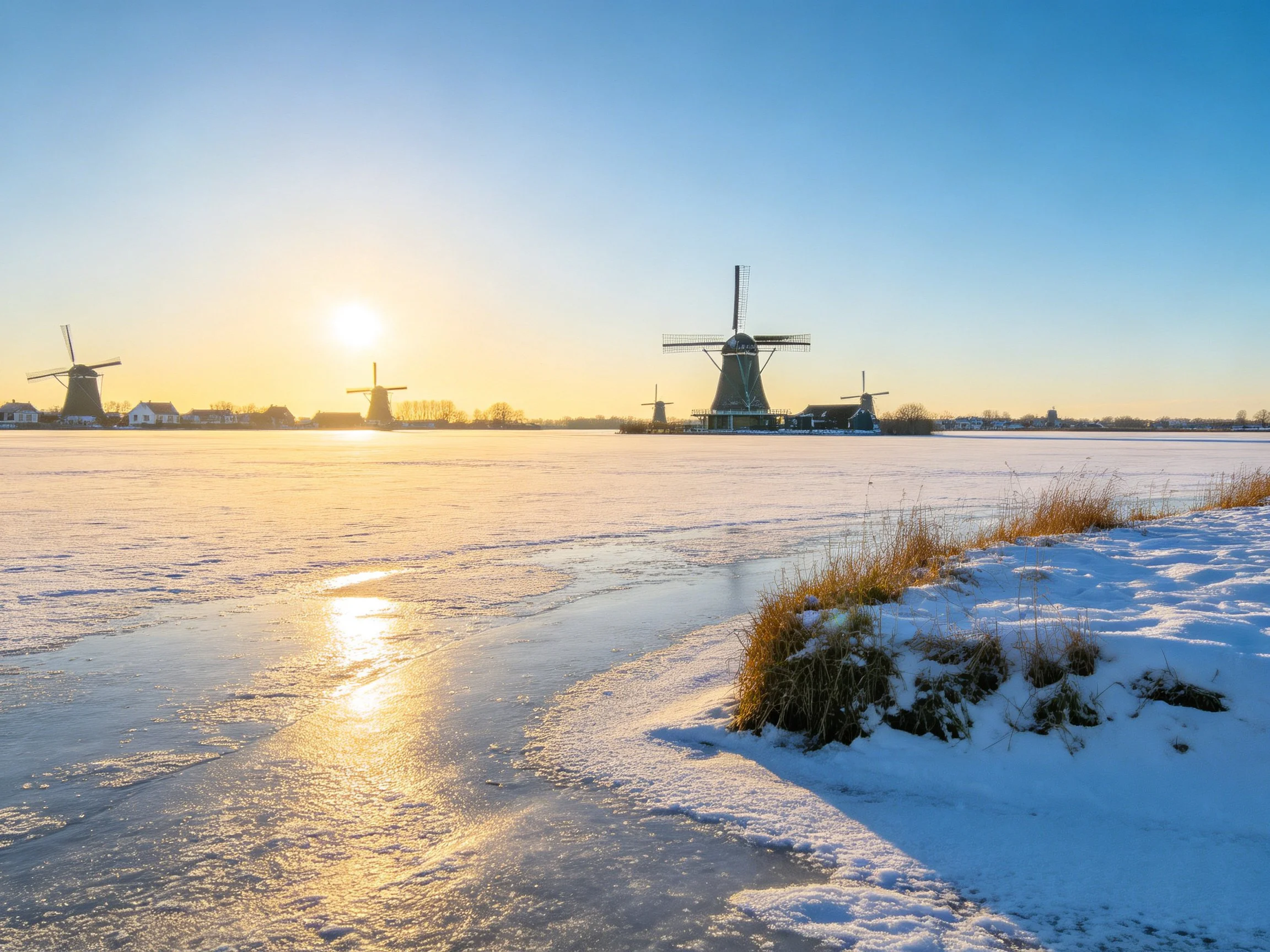 Snow-Covered Fields and Traditional Windmills at Dawn