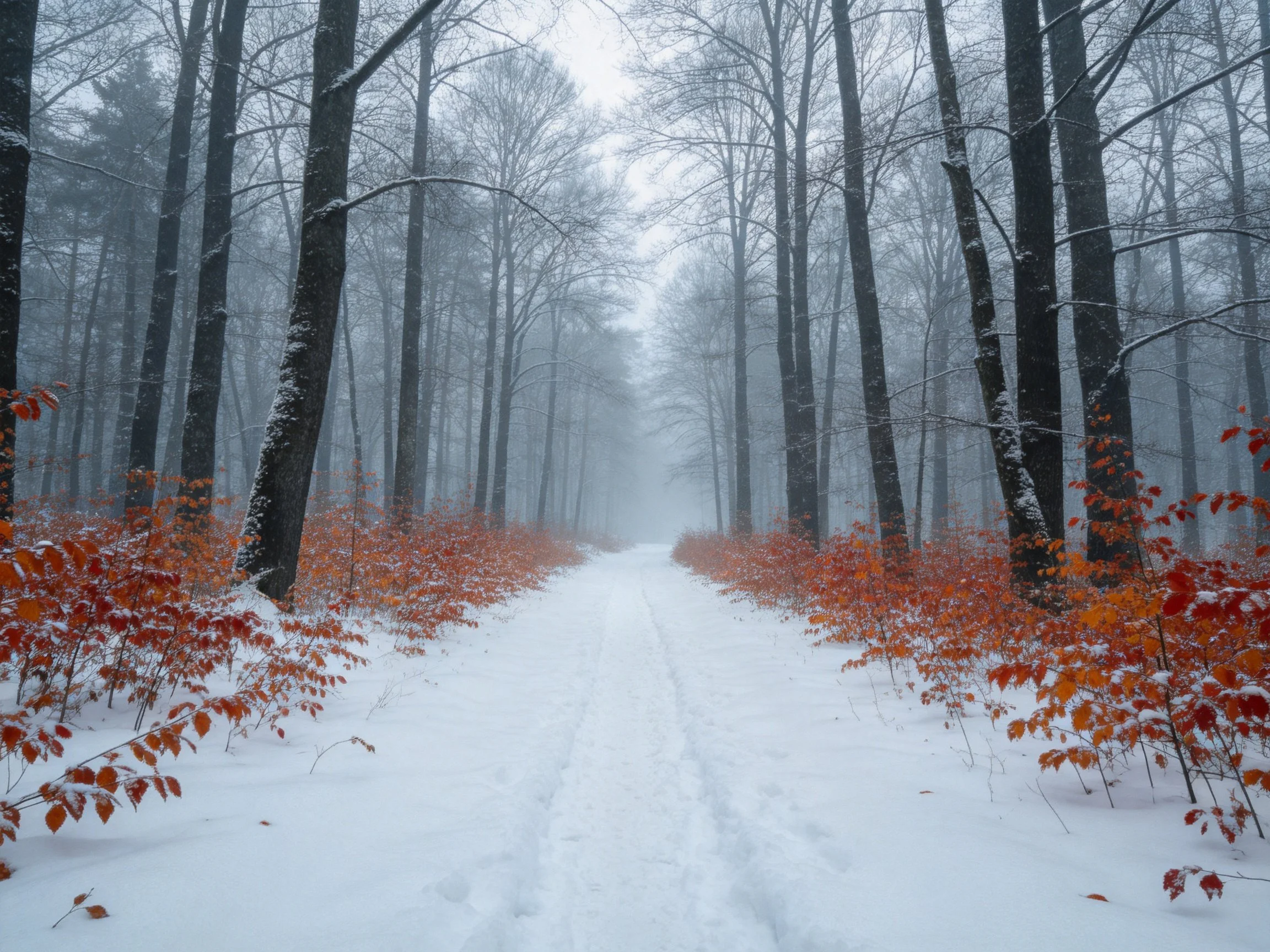 Snow-Covered Forest Path Among Tall Trees and Red Foliage