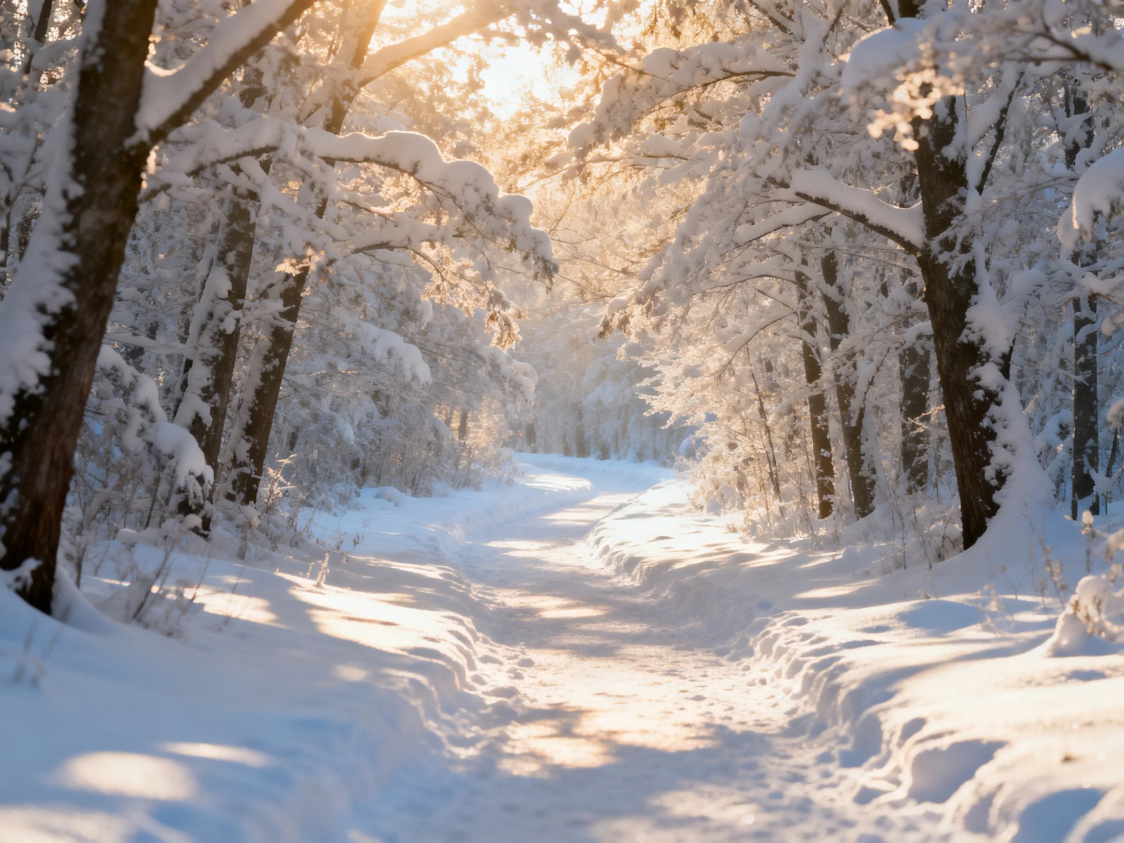 Snow-Covered Forest Path Surrounded By Snow-Laden Trees