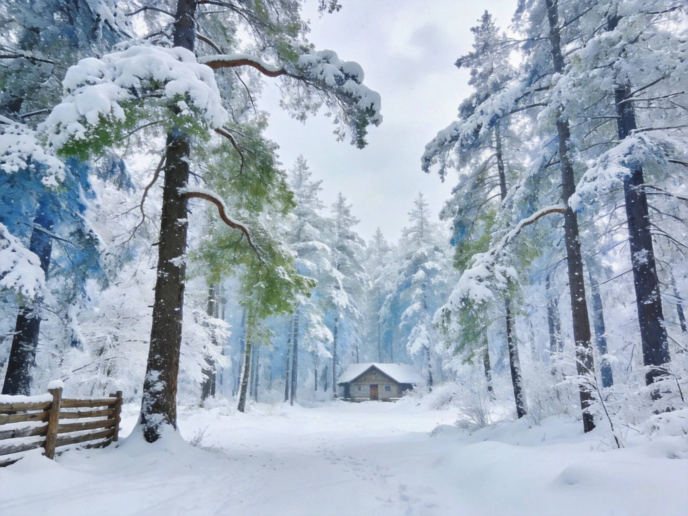 Snow-Covered Forest Path with Quaint Cabin