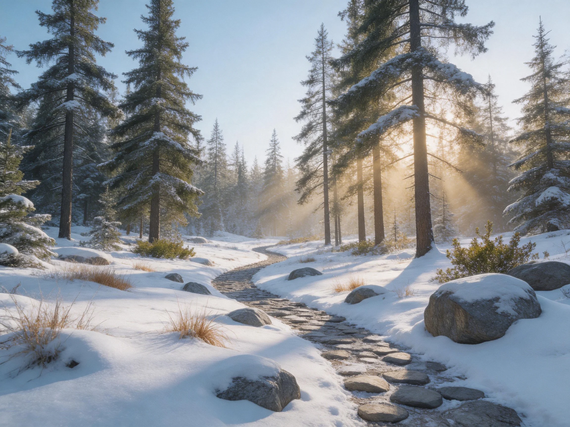 Snow-Covered Forest Path with Tall Evergreen Trees and Sunlight