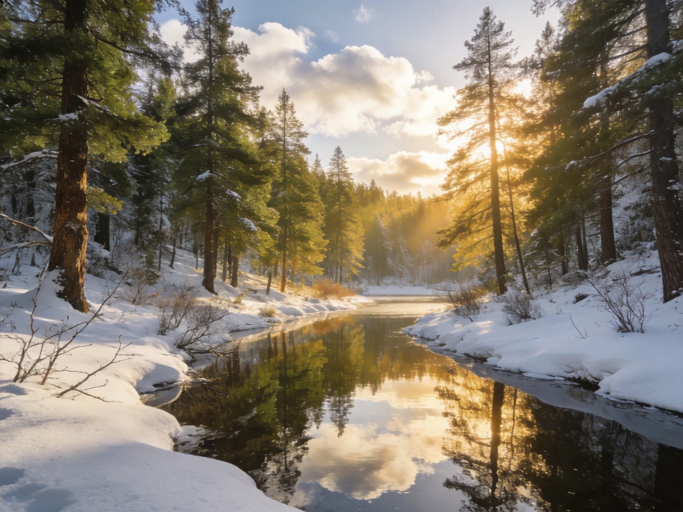 Snow-Covered Forest Stream Reflecting Golden Sunset Light