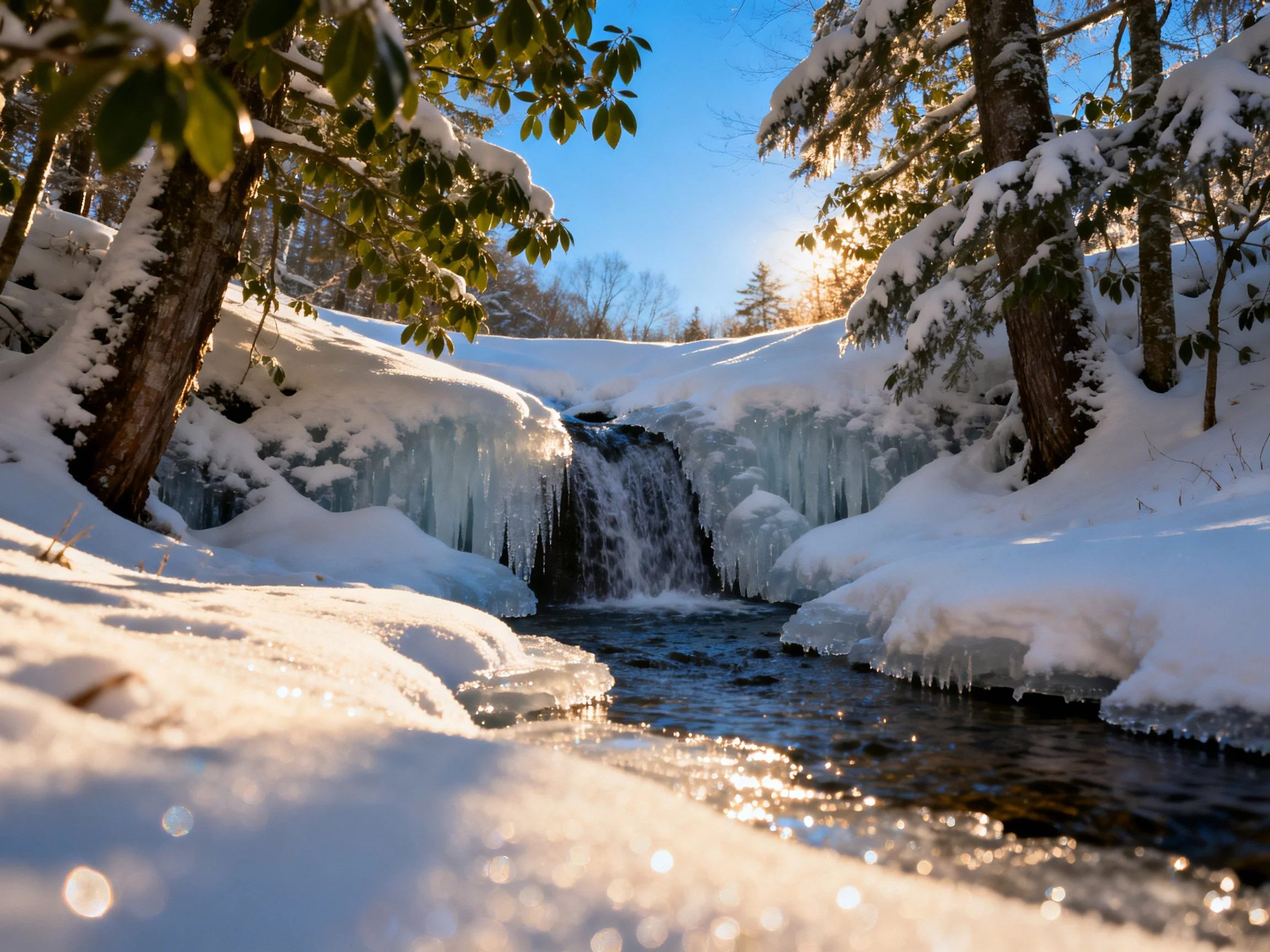 Snow-Covered Forest Stream with Icy Waterfall