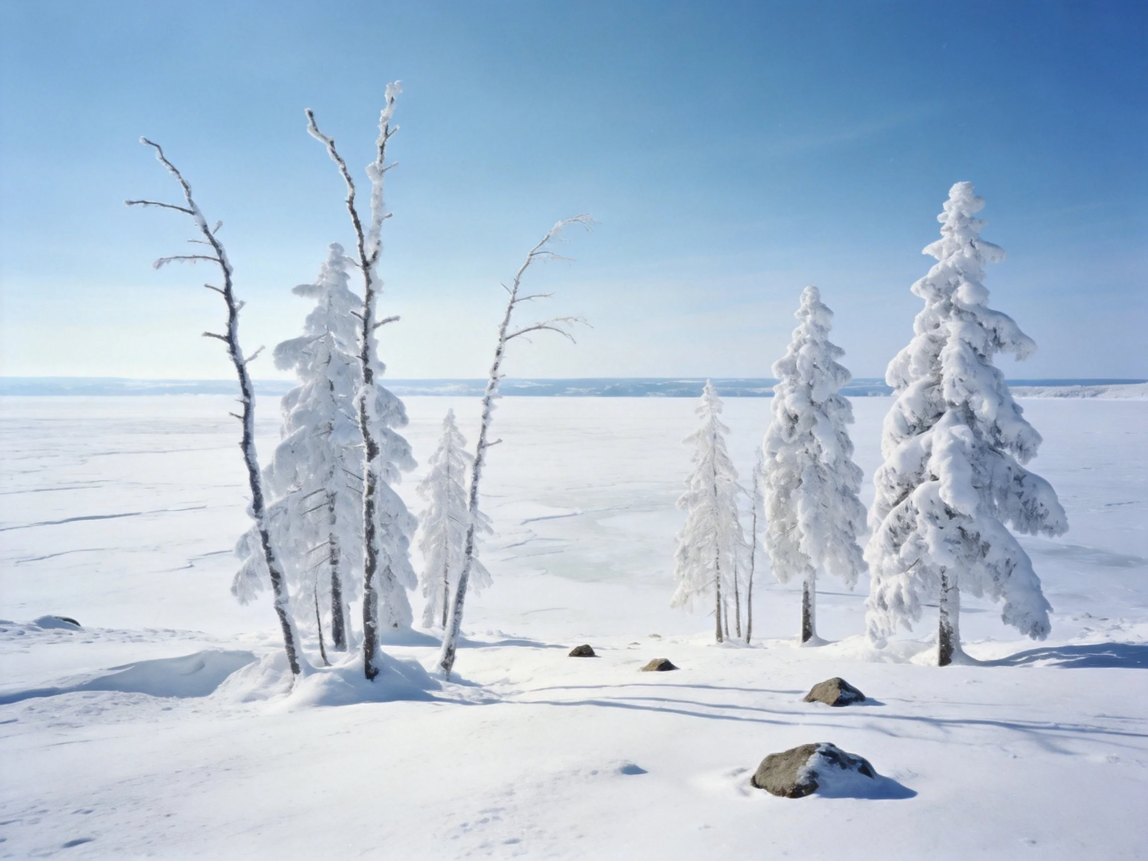 Snow-Covered Forest With Frost-Laden Trees On Frozen Lake