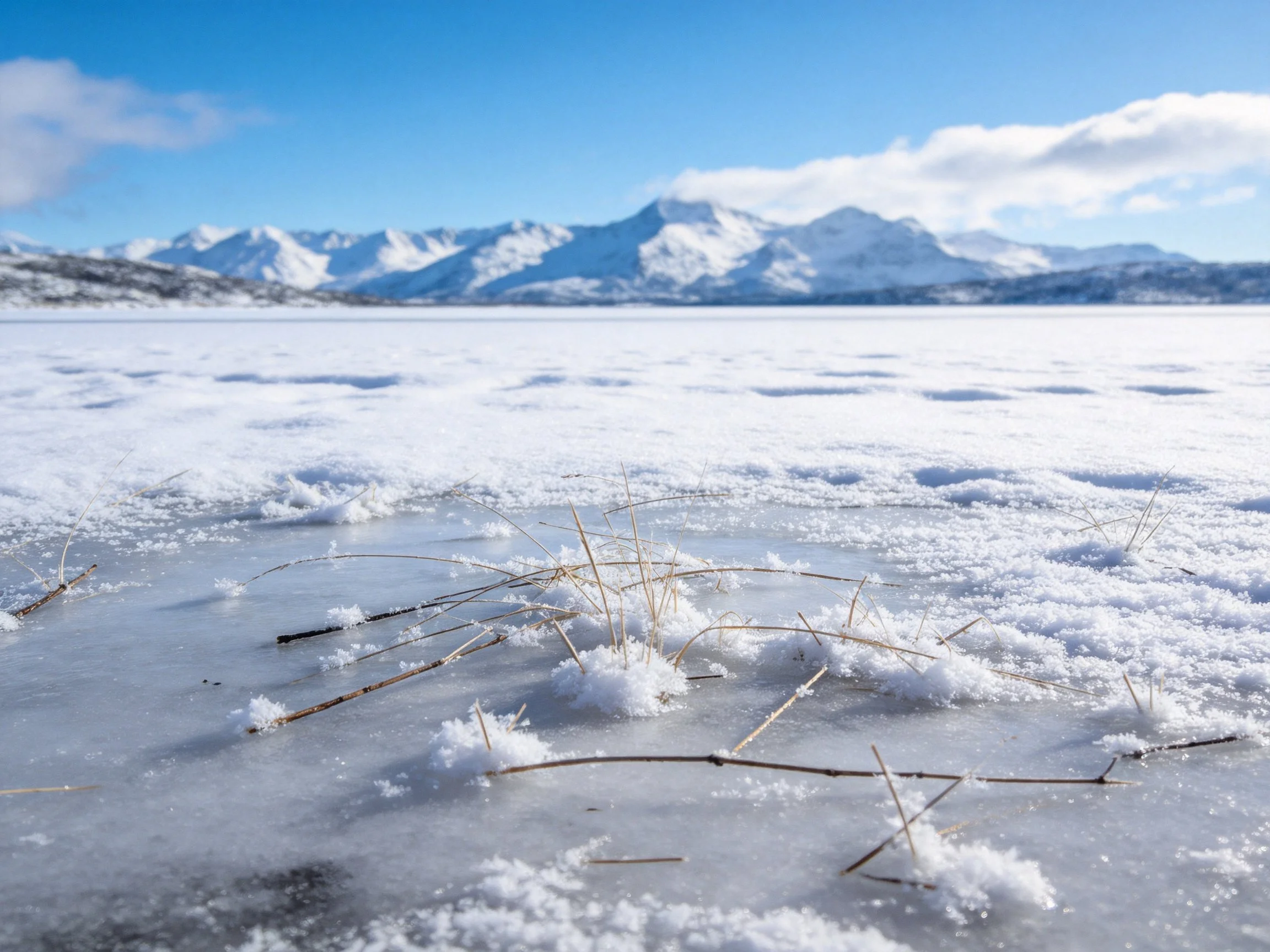Snow-Covered Frozen Lake with Distant Mountain Peaks