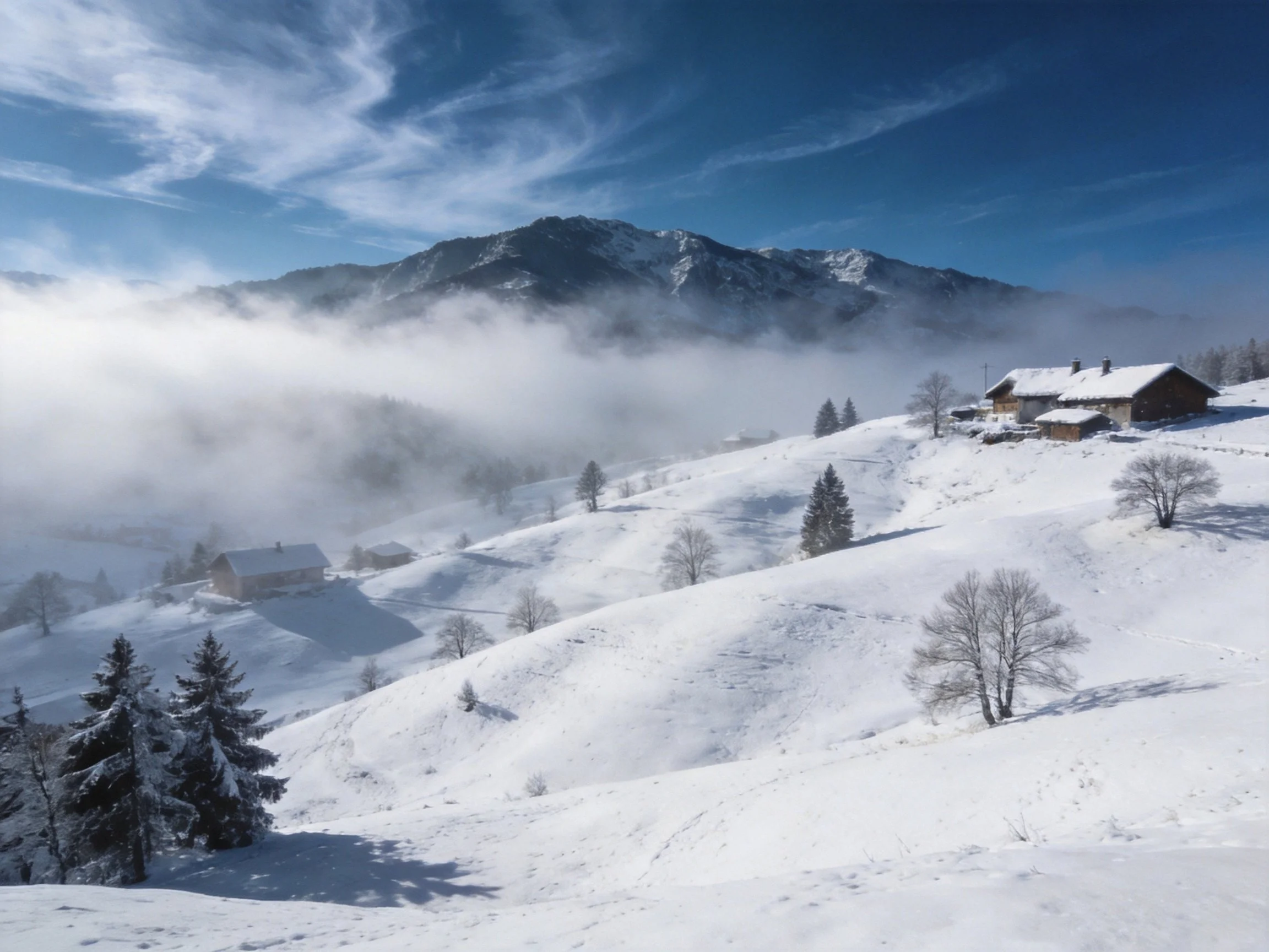 Snow-Covered Hillside with Cabins and Foggy Mountain Background