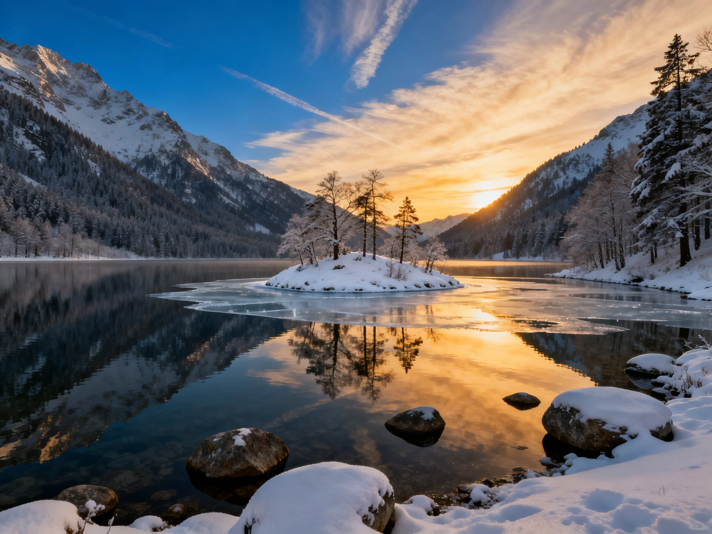 Snow-Covered Island in Frozen Lake Amidst Mountain Sunset