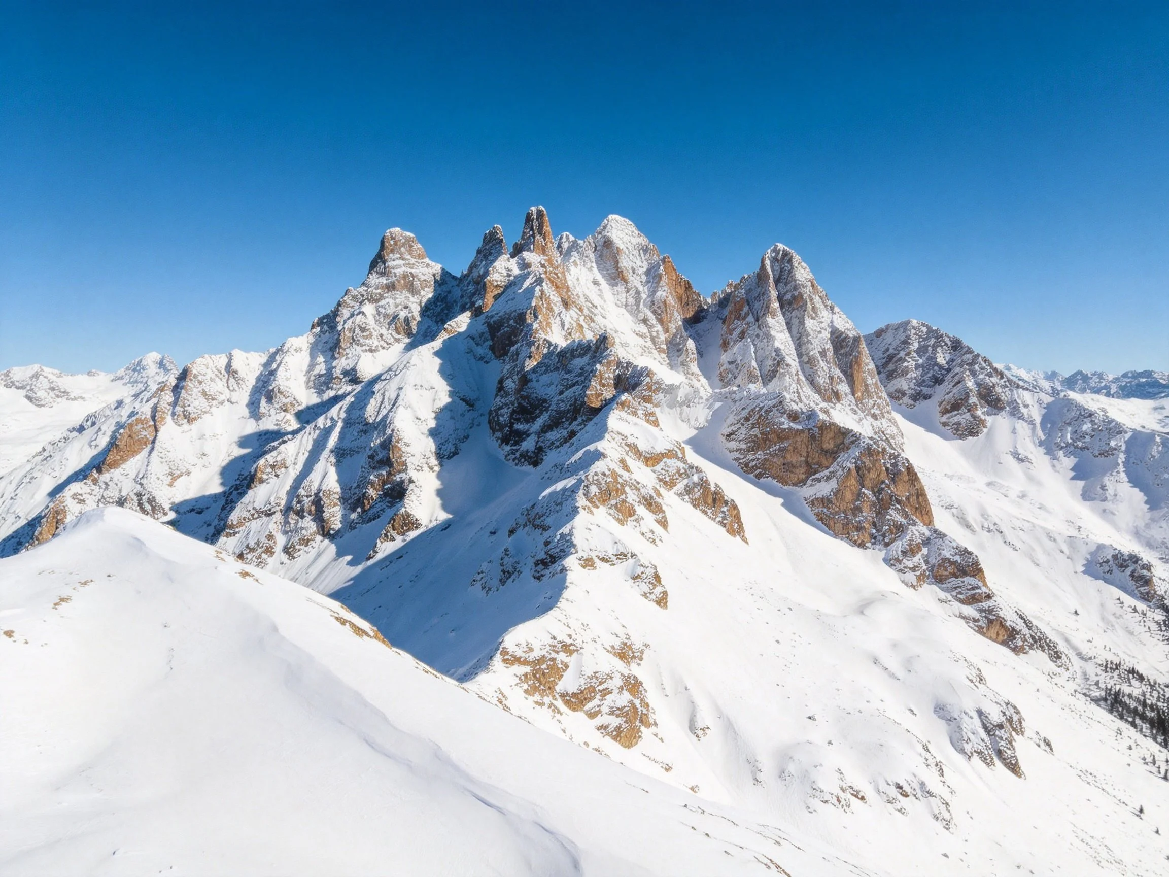 Snow-Covered Jagged Mountain Peaks Under Clear Blue Sky