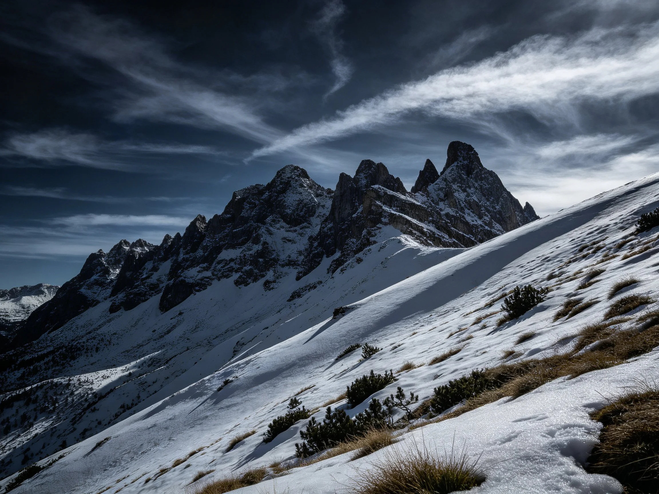 Snow-Covered Jagged Peaks Under Dramatic Cloudy Sky
