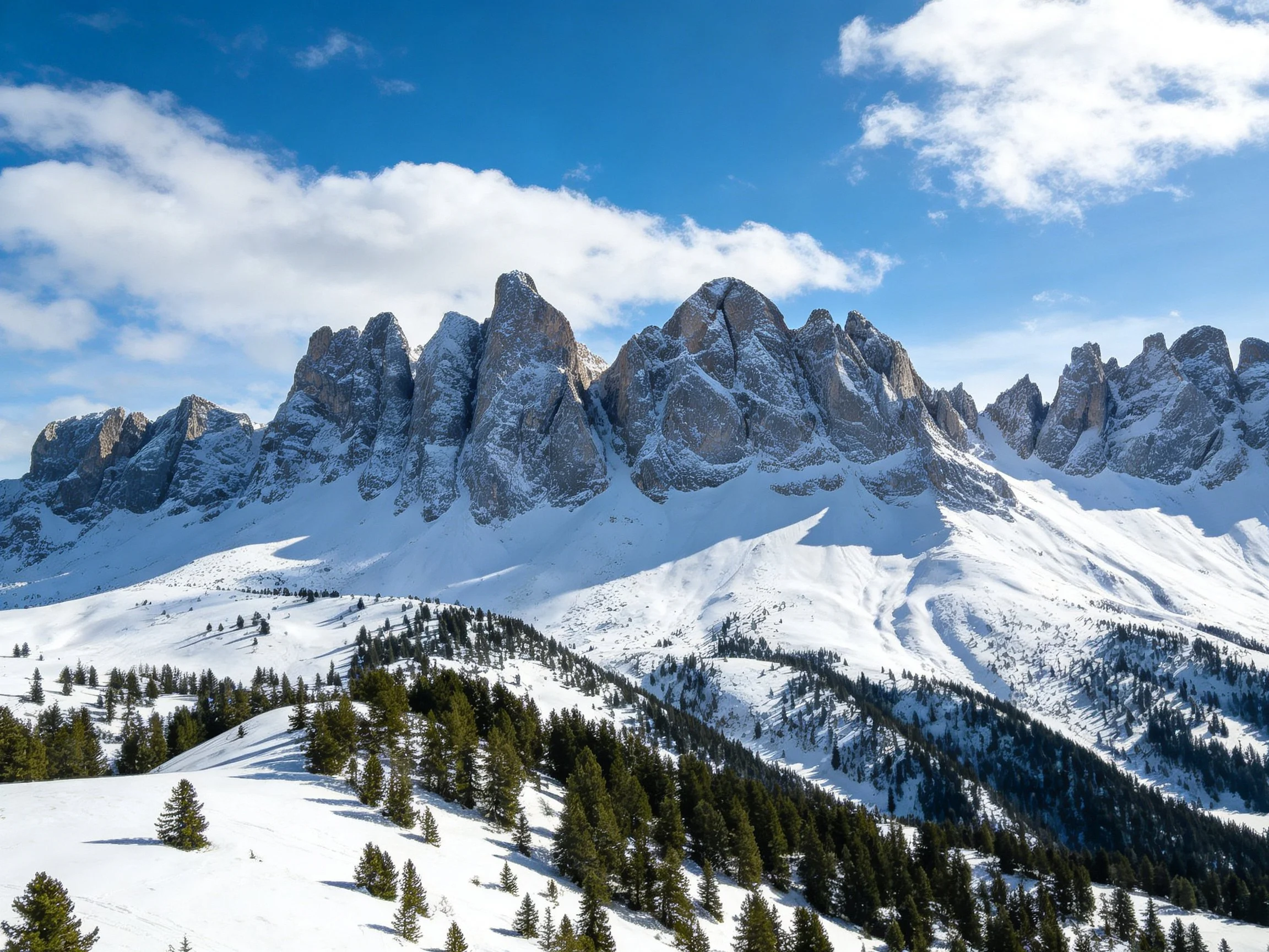 Snow-Covered Jagged Peaks with Evergreen Forests Under Blue Sky